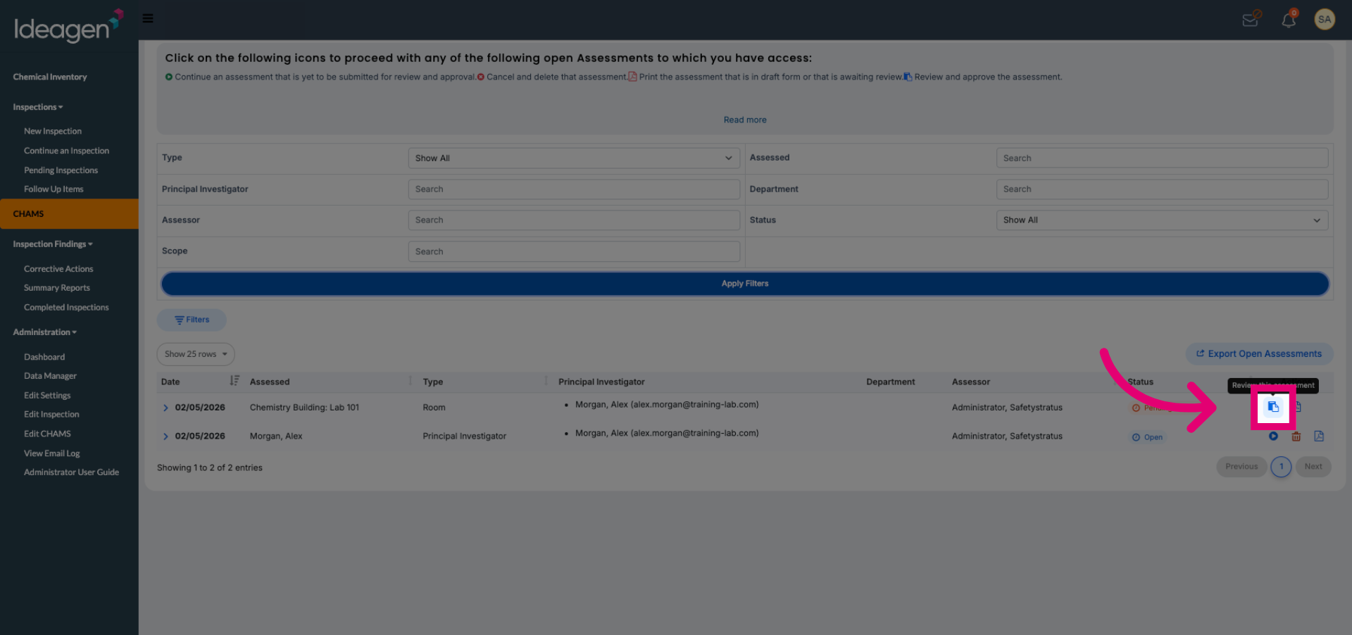Select Assessment to Review