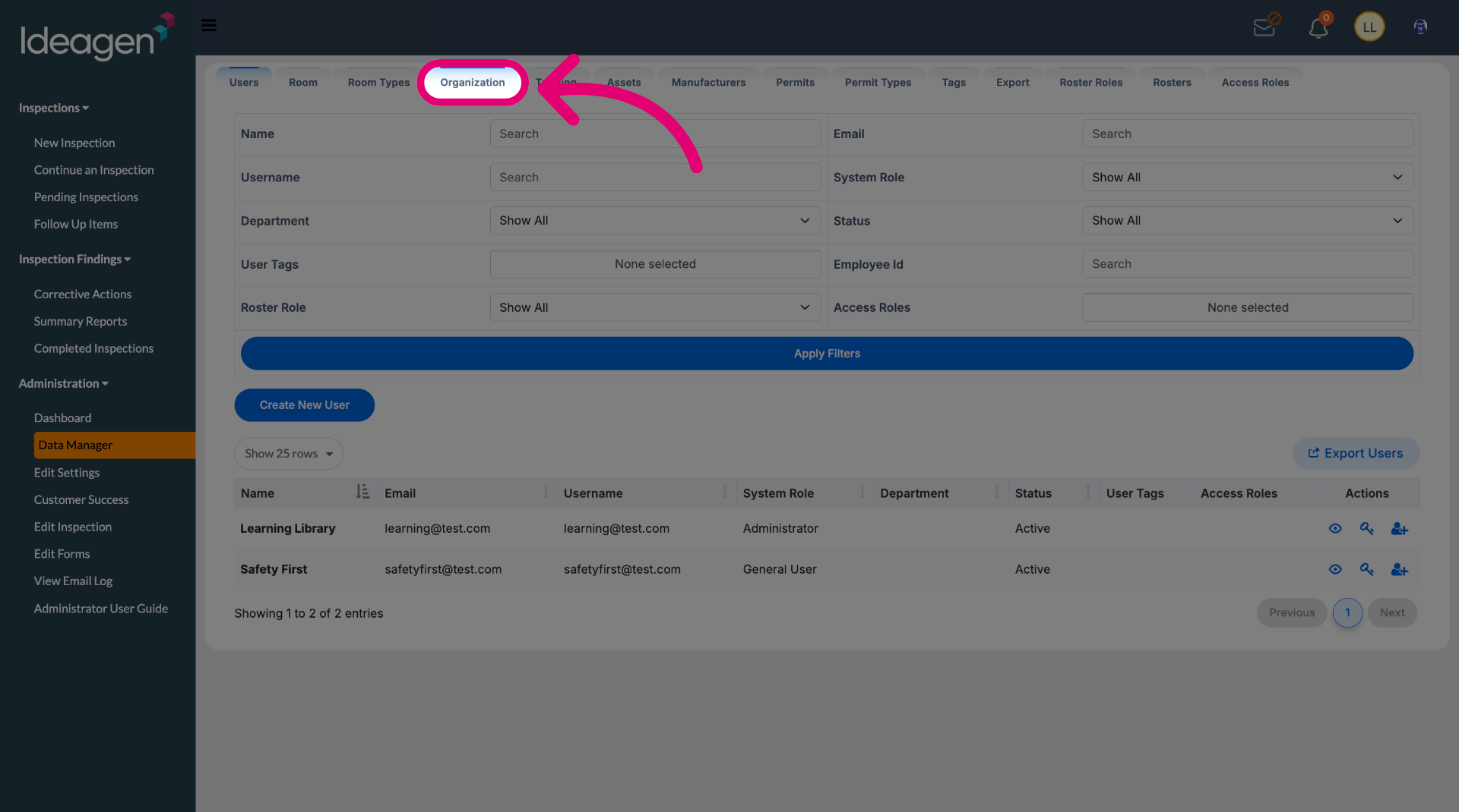 Switch to the 'Organization' tab