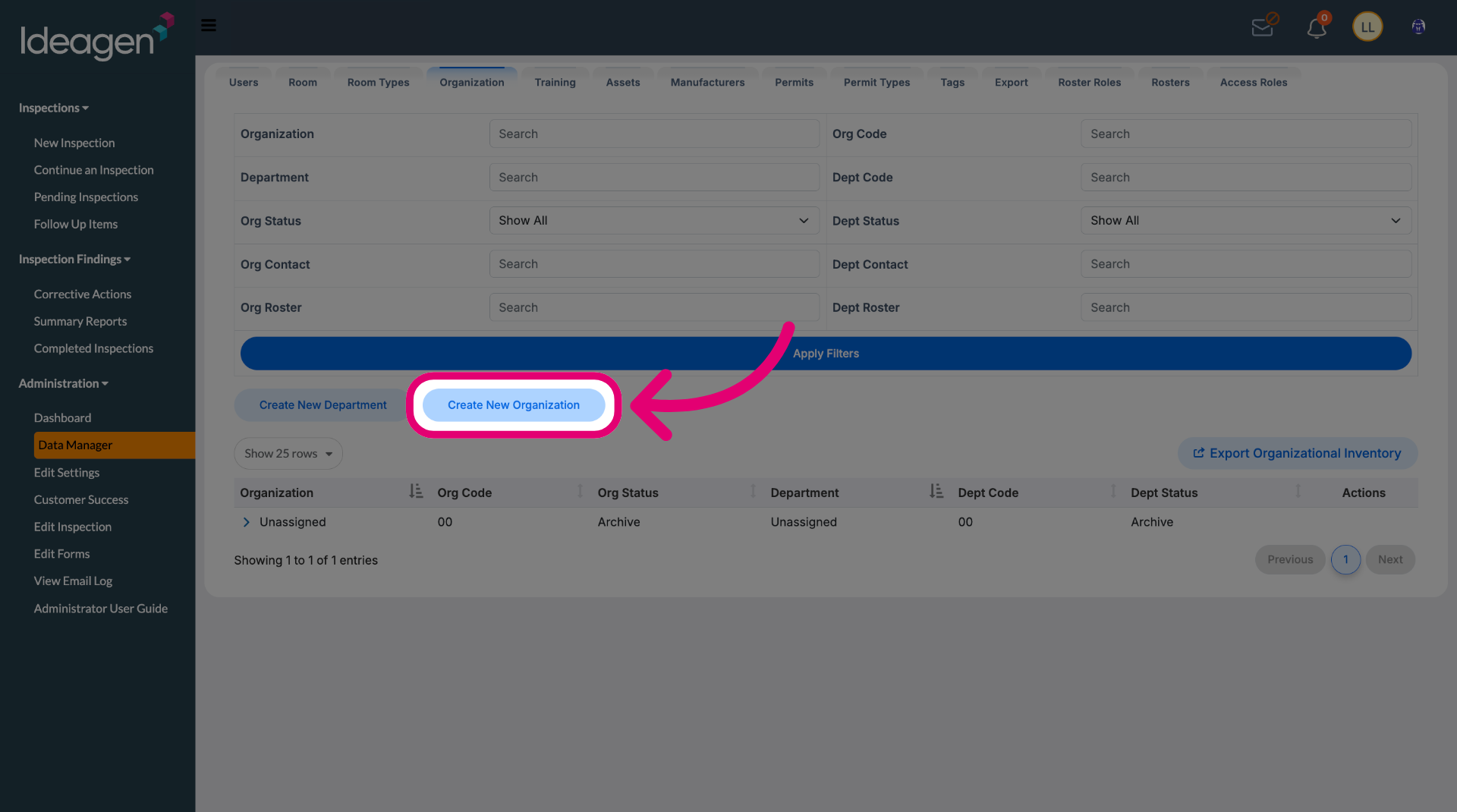 Click 'Create New Organization'