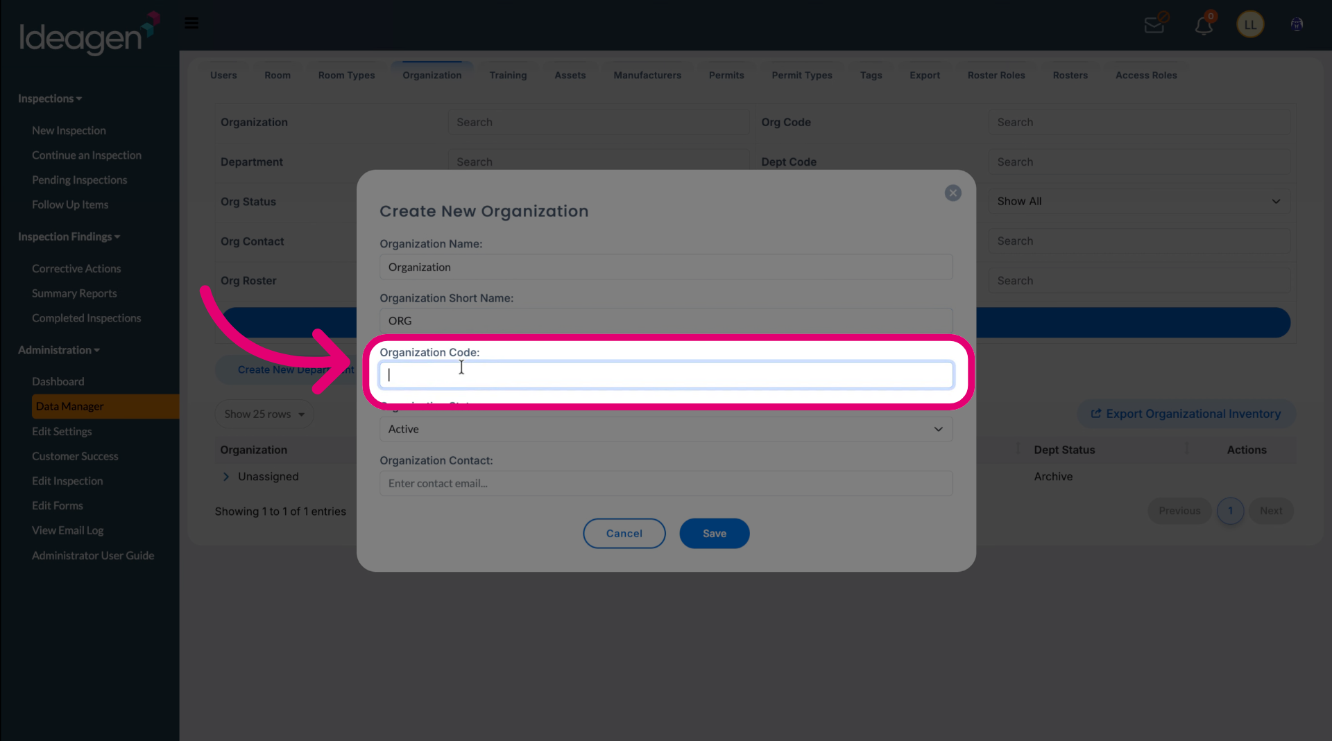 Enter an organisation code
