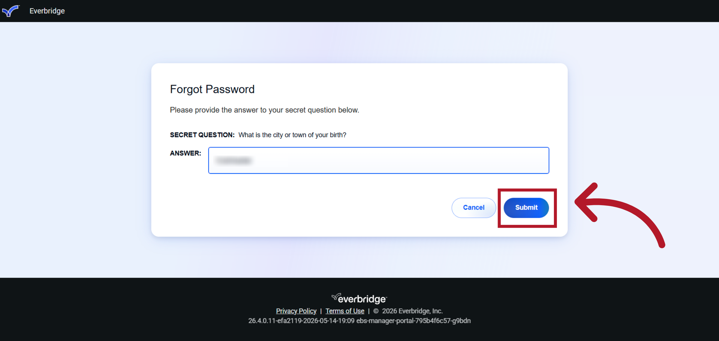 Submit Secret Question Answer