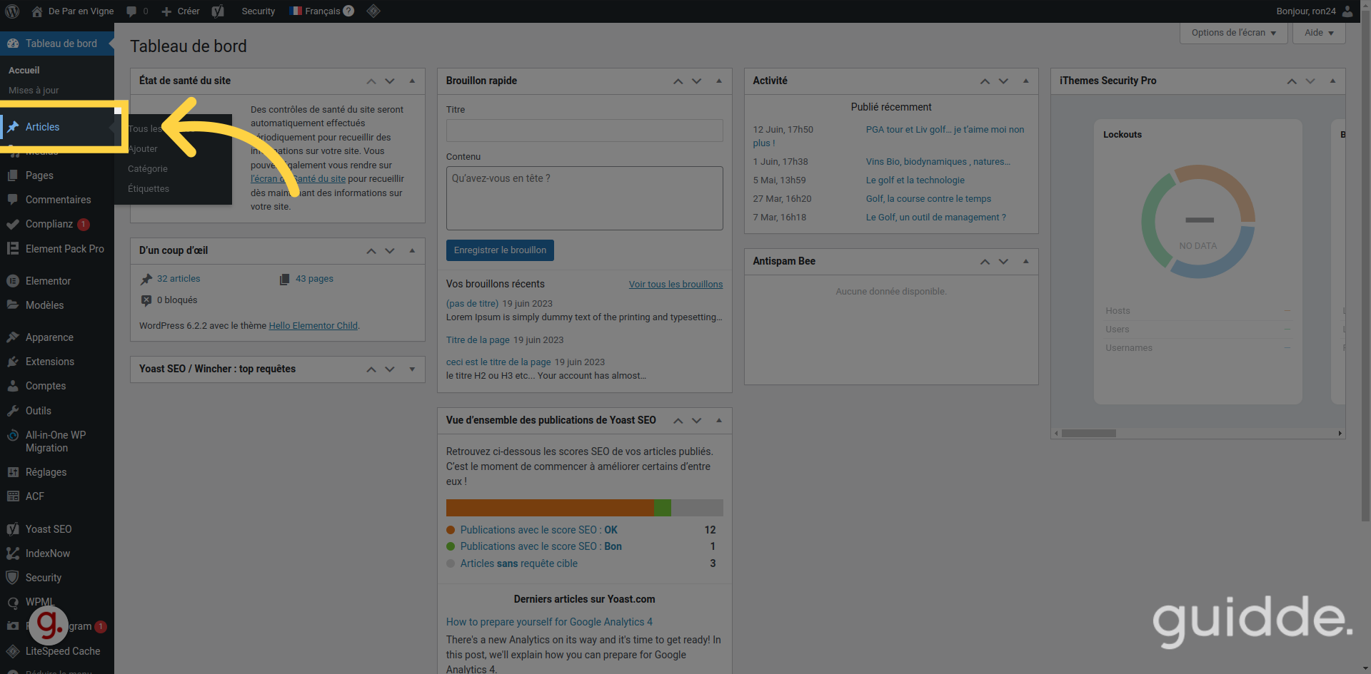 Cliquez sur 'Articles' dans le menu de gauche de wordpress