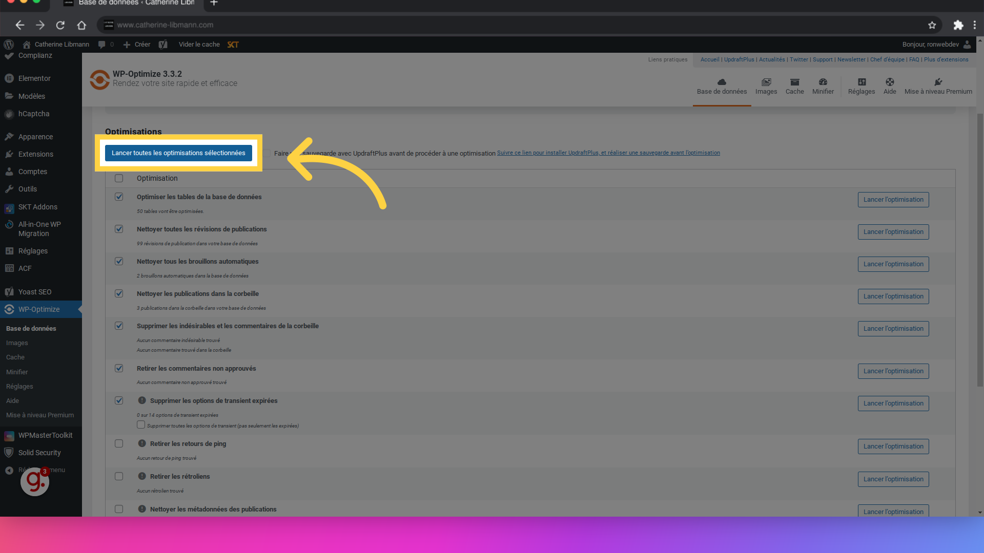 Cliquez 'Lancer toutes les optimisations sélectionnées'