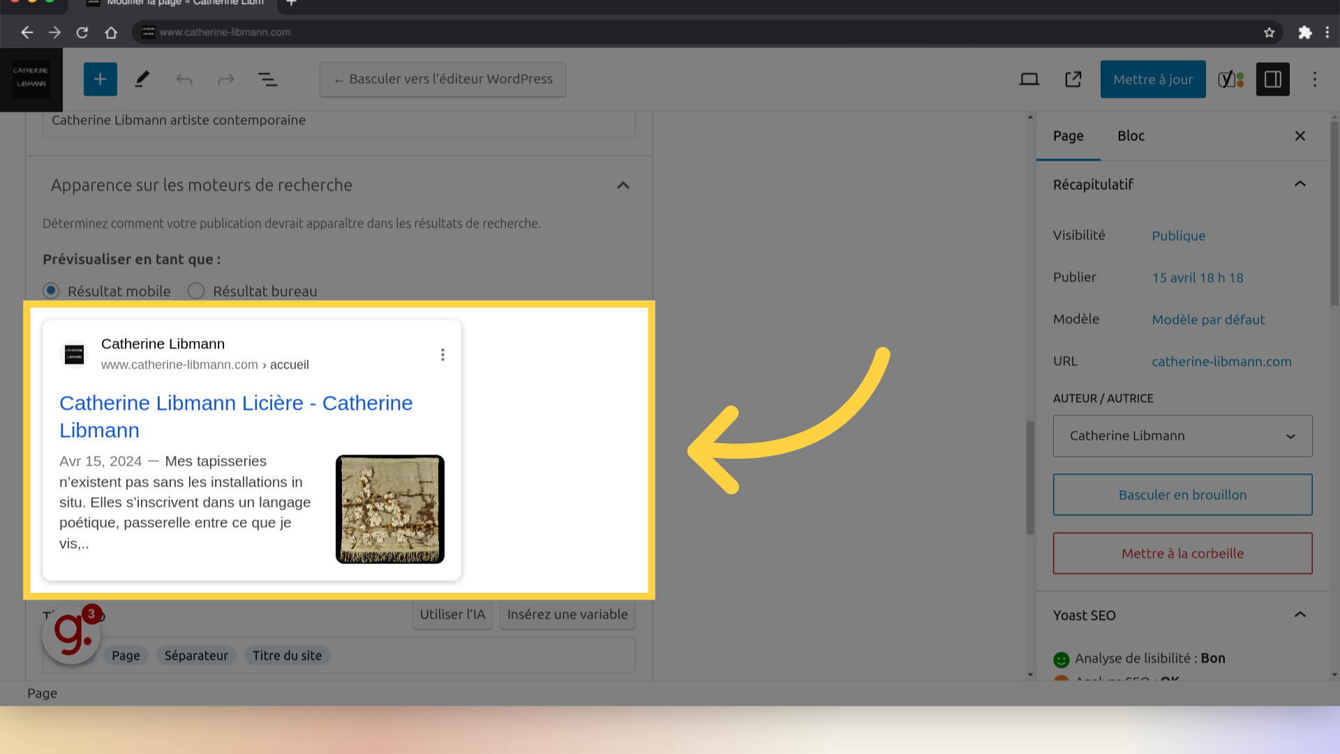 Yoast affiche un aperçu de la page dans le moteur de recherche Google