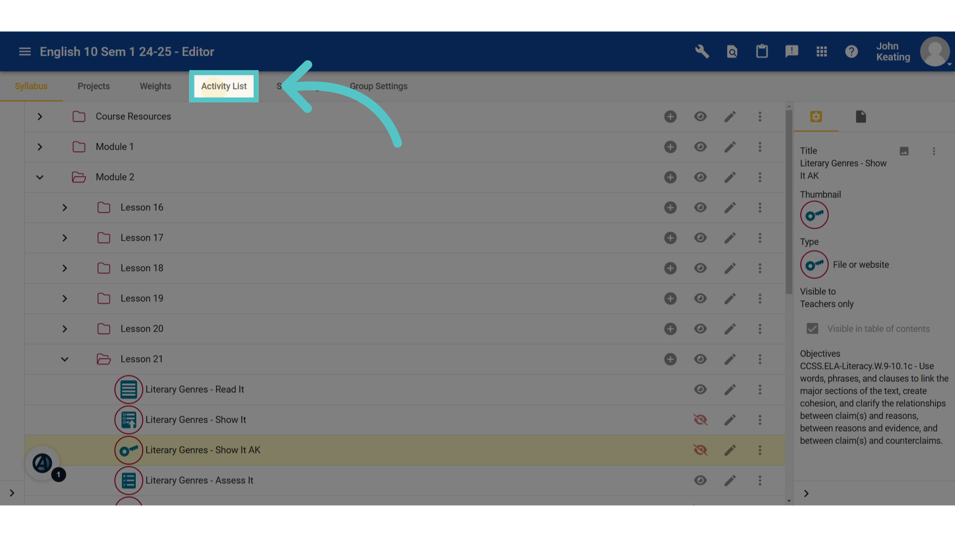 Click 'Activity List'
