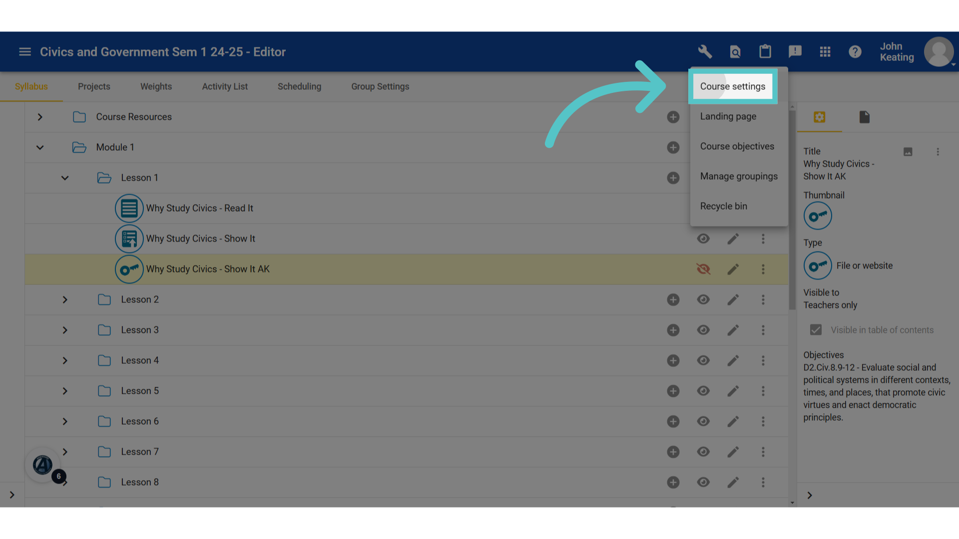 Click 'Course settings' from the menu options.