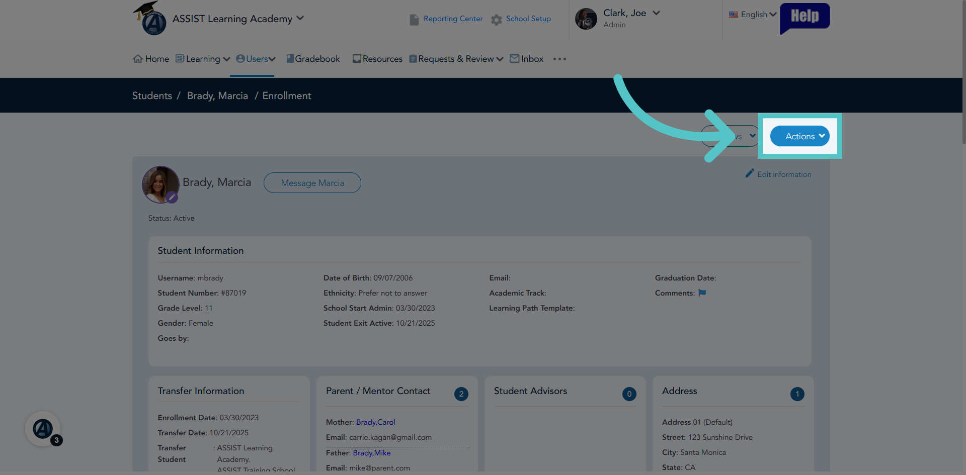 Access Actions Menu