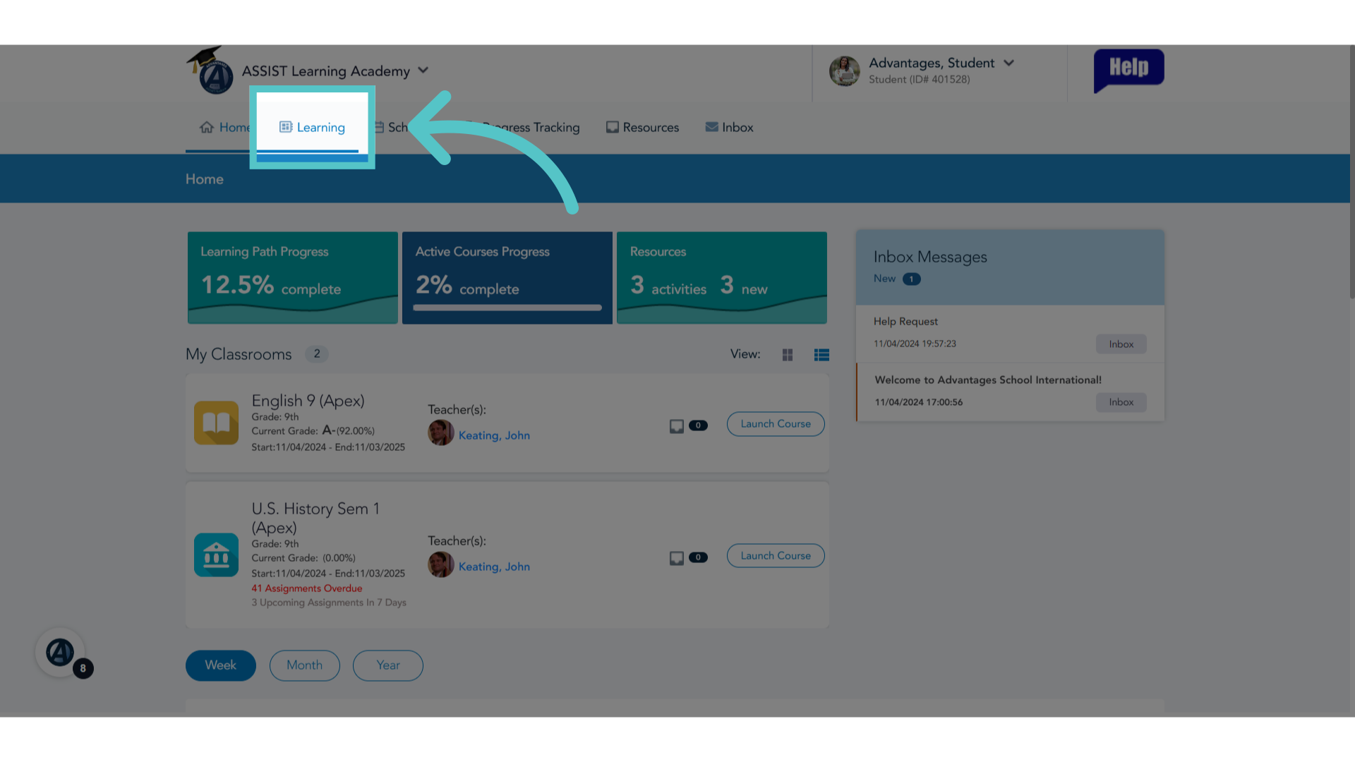 Click 'Learning'