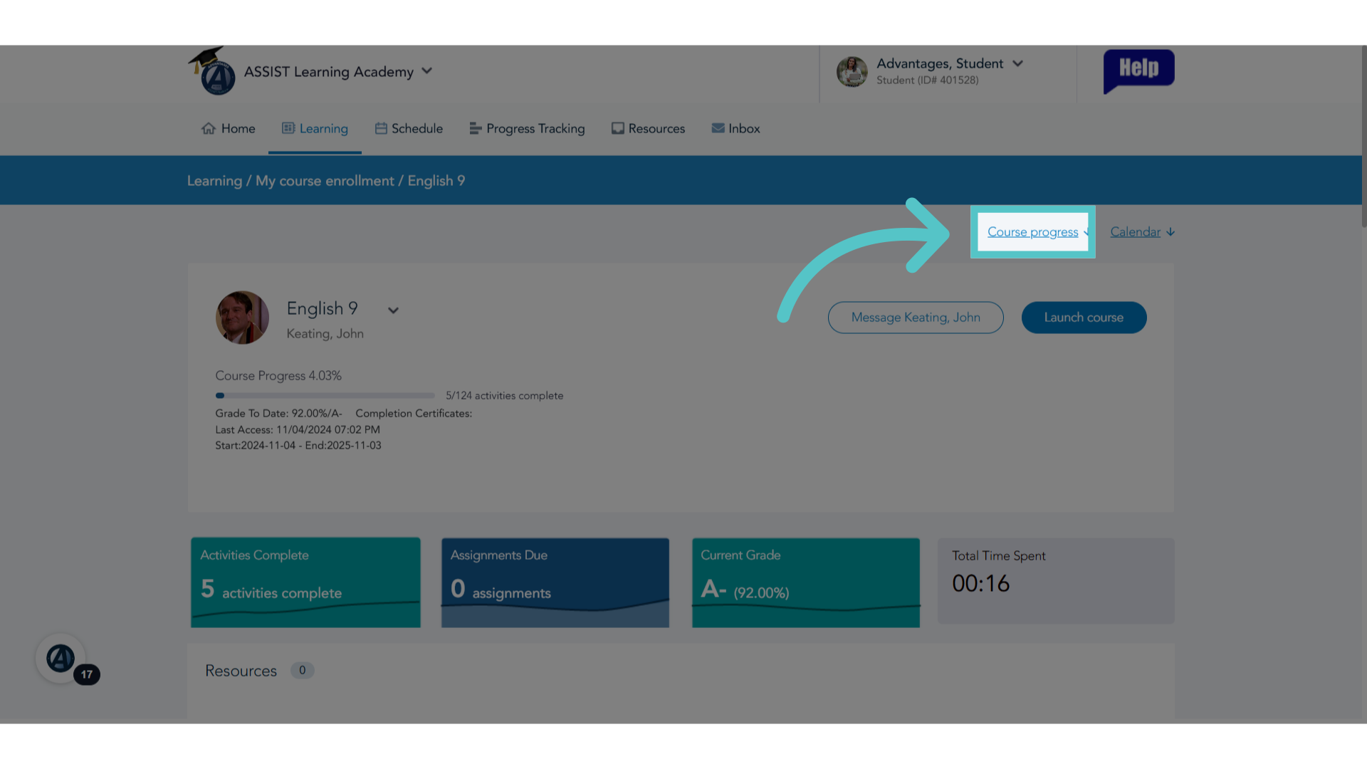 Click 'Course progress'