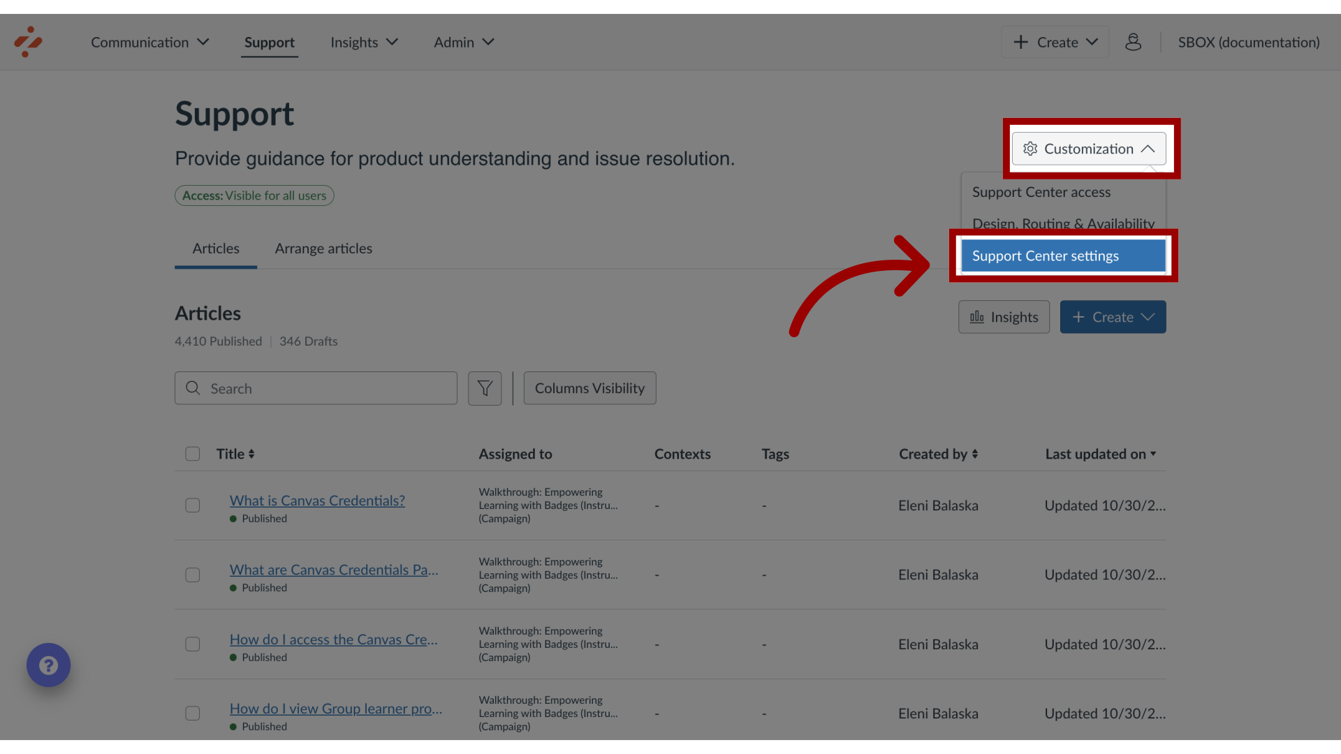 Open Support Center Settings