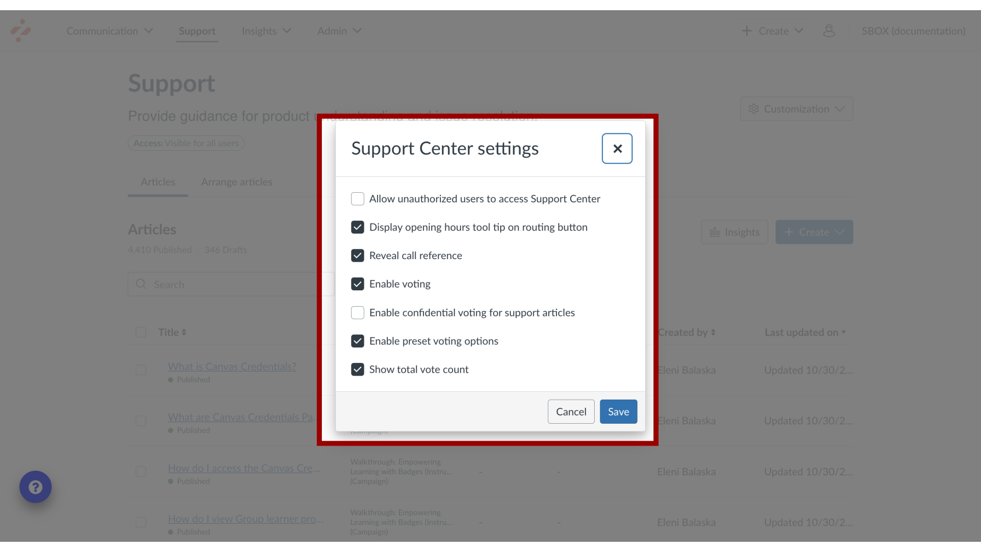 View Support Center Settings