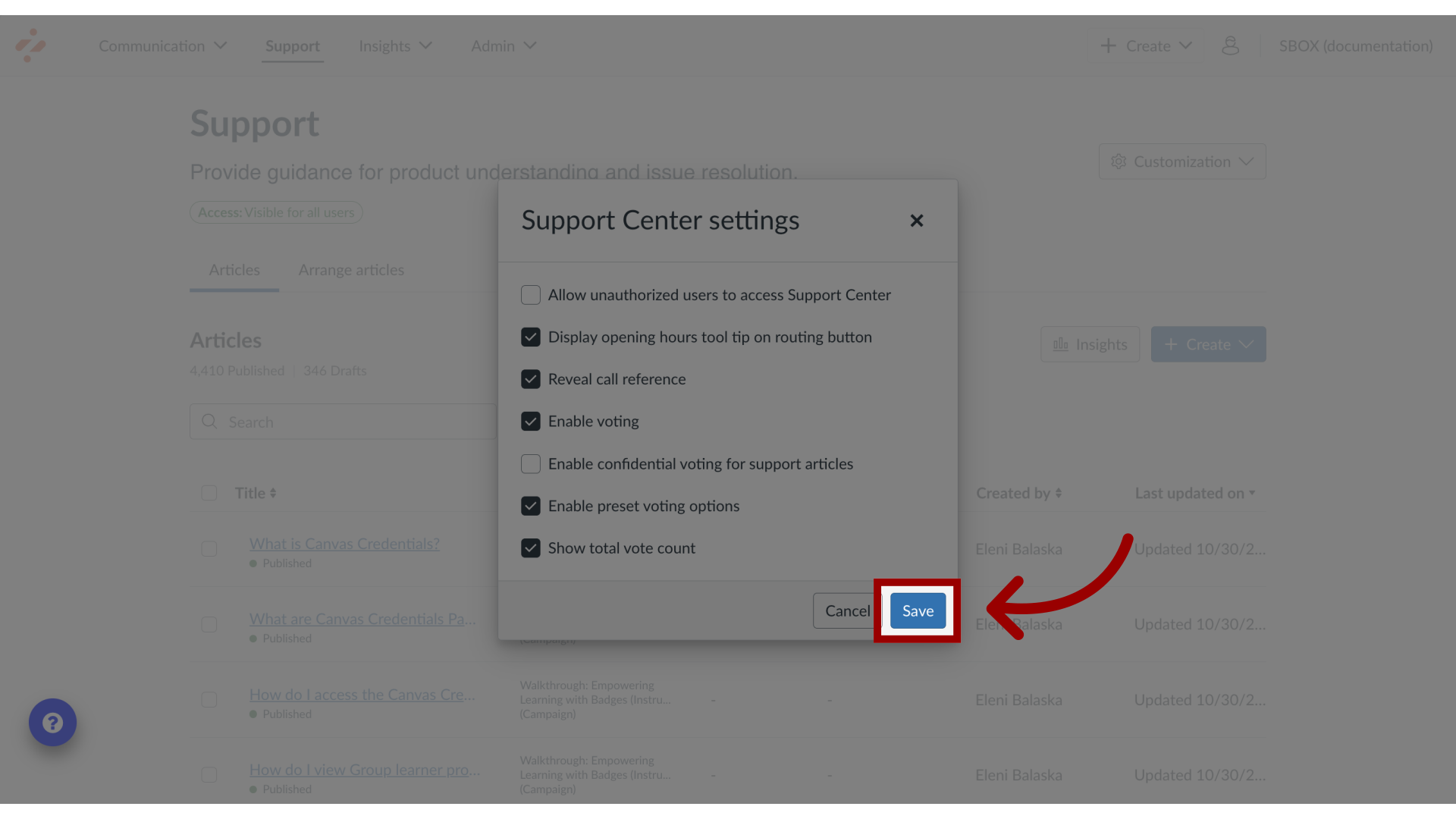 Save Support Center Settings