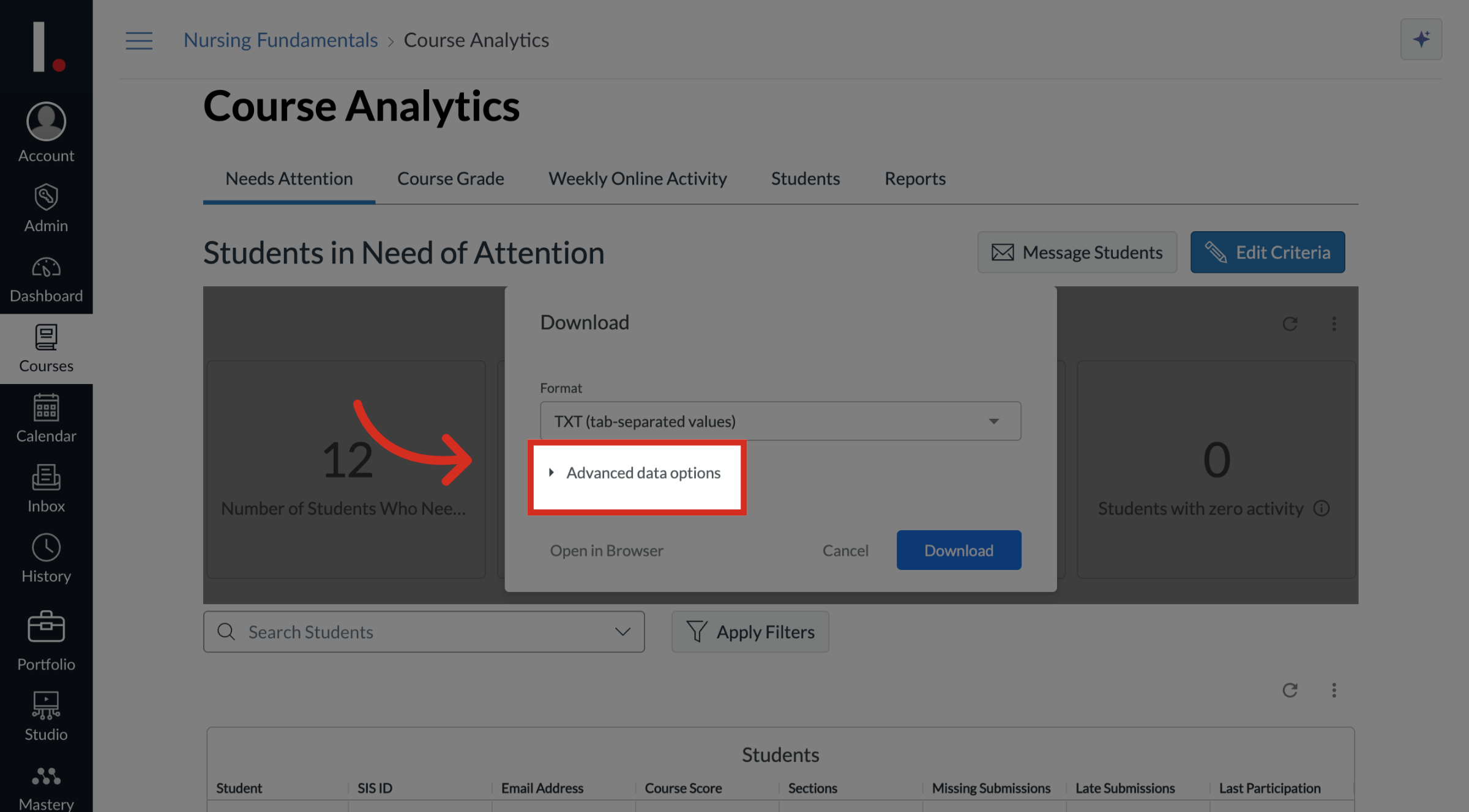 Open Advanced Data Options