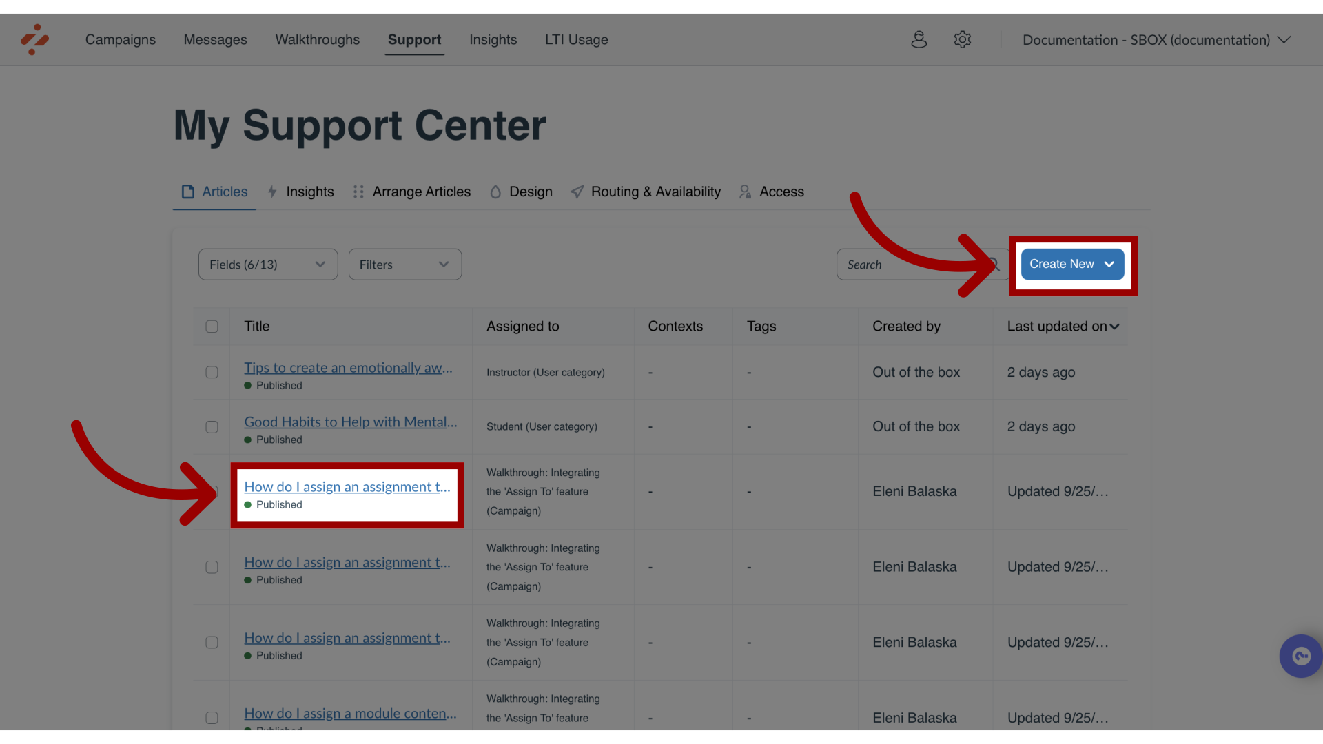 Manage Support Article