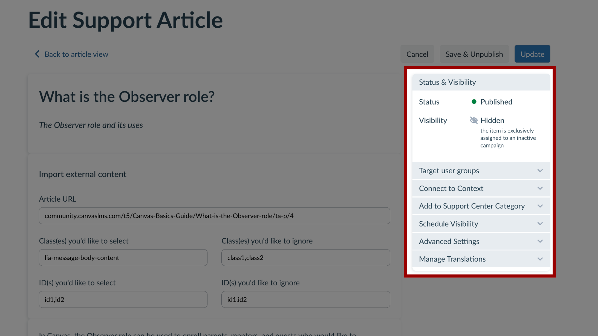 Edit Support Article Details