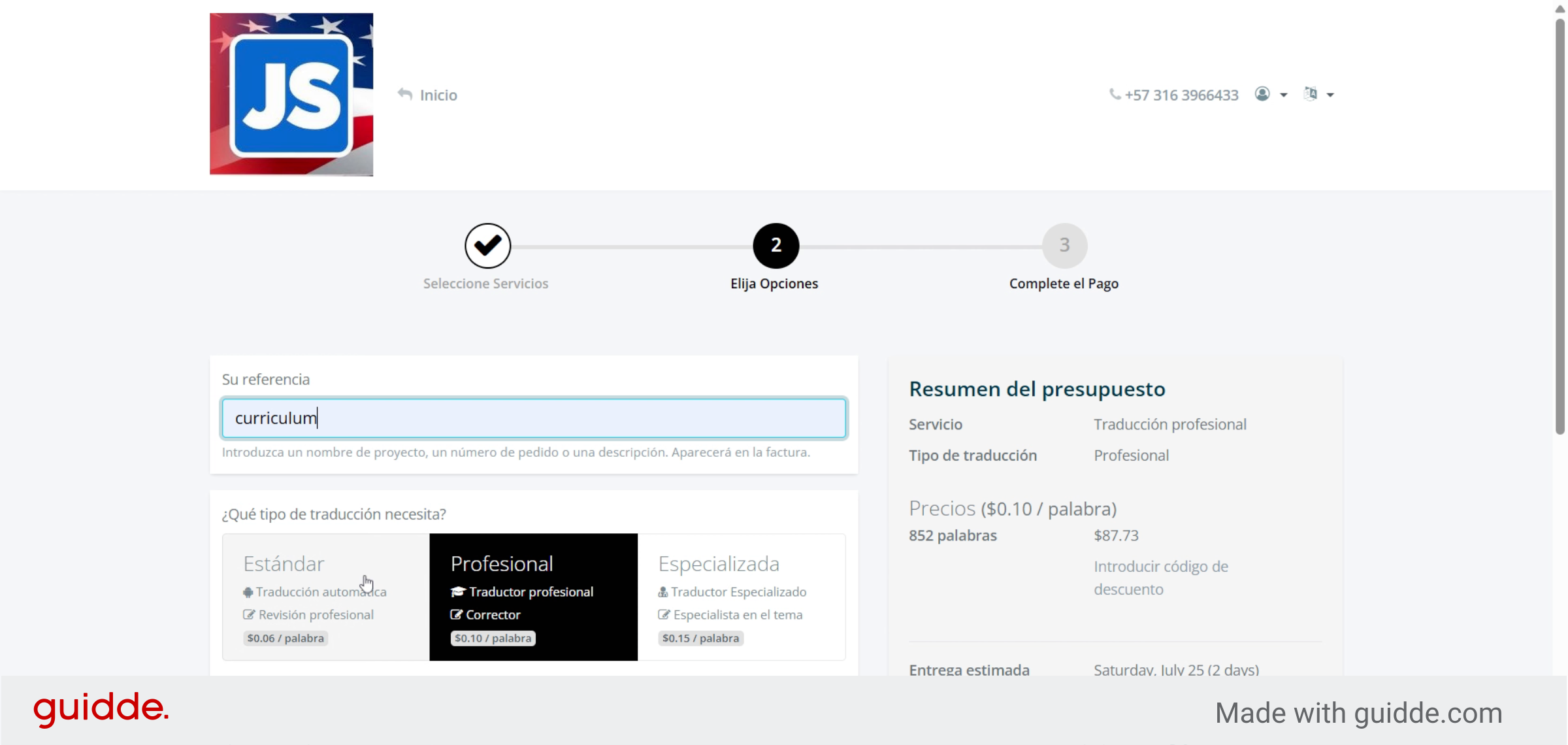 Elegir Servicio Estándar