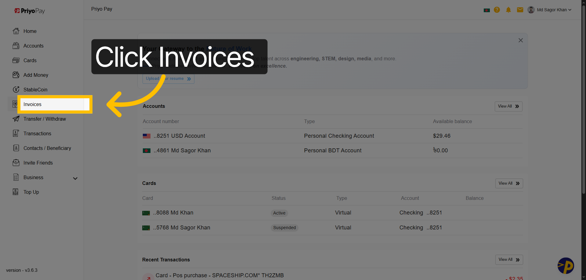 Open Invoices Section