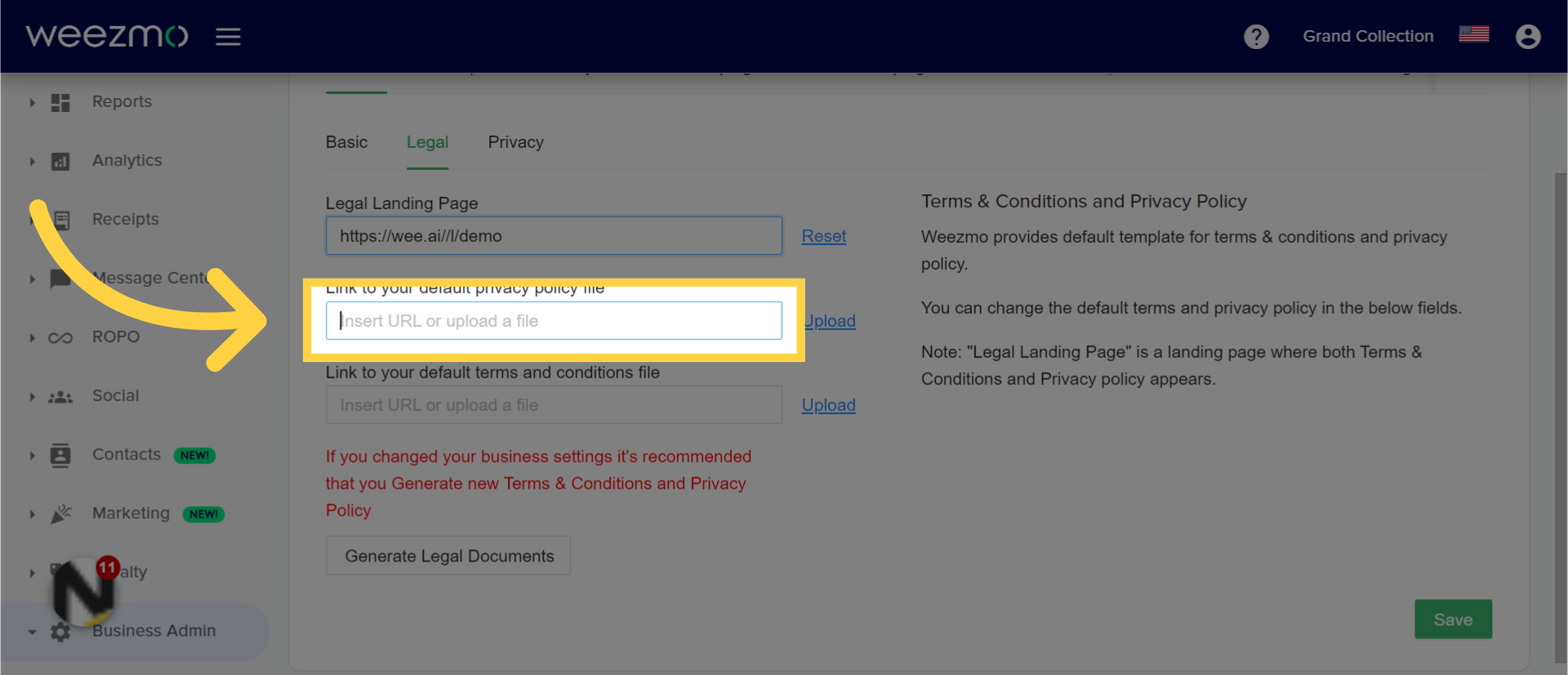 Here you can insert or upload your link to your default privacy policy file