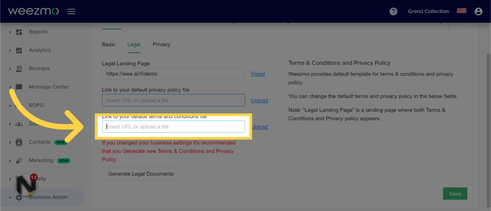 Here you can insert or upload your link to your default terms and conditions file