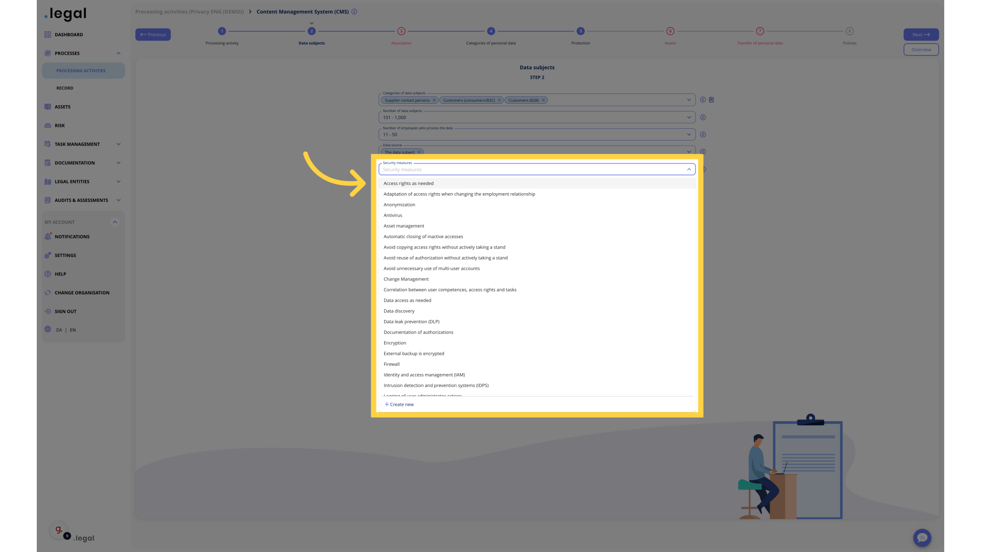 Select security measures from the list of create new