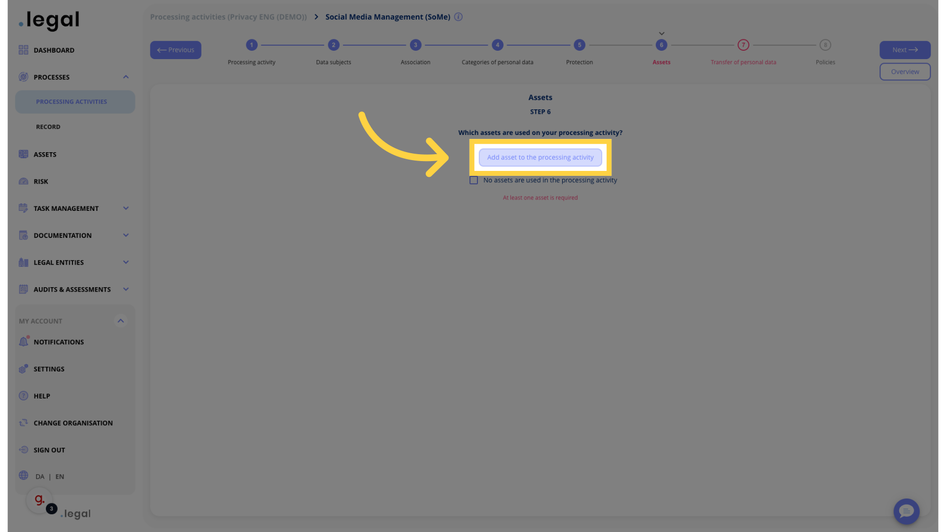 Click 'Add asset to the processing activity'