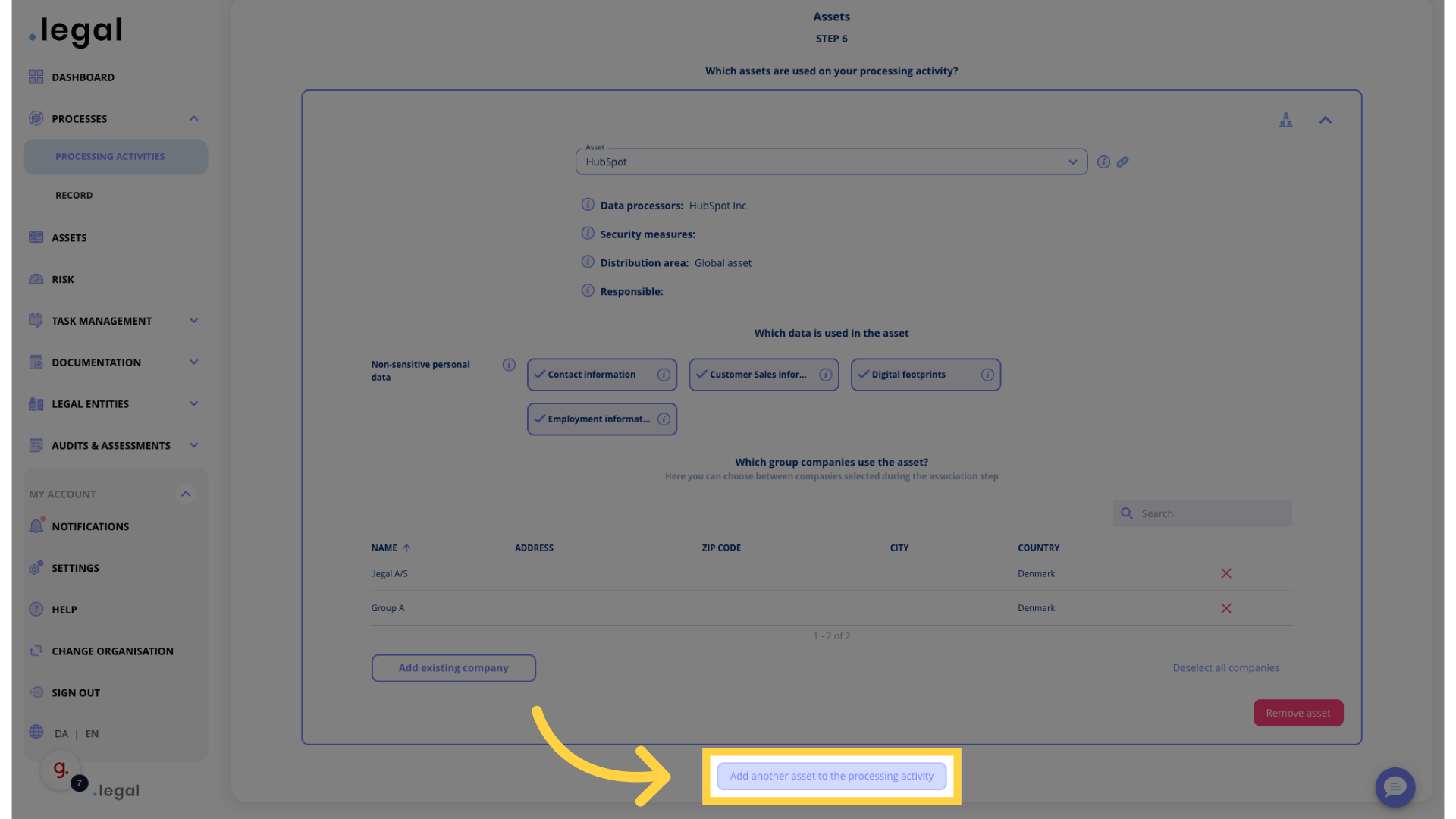 If more assets:Click 'Add another asset to the processing activity'