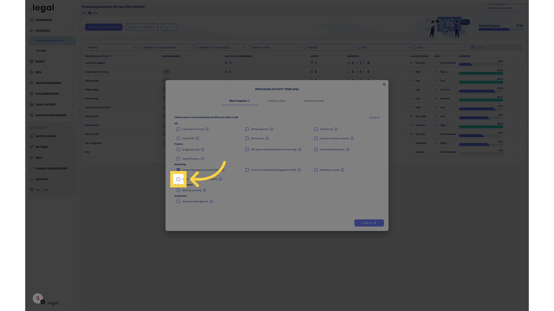 Choose the processing activity(s) you want to create.