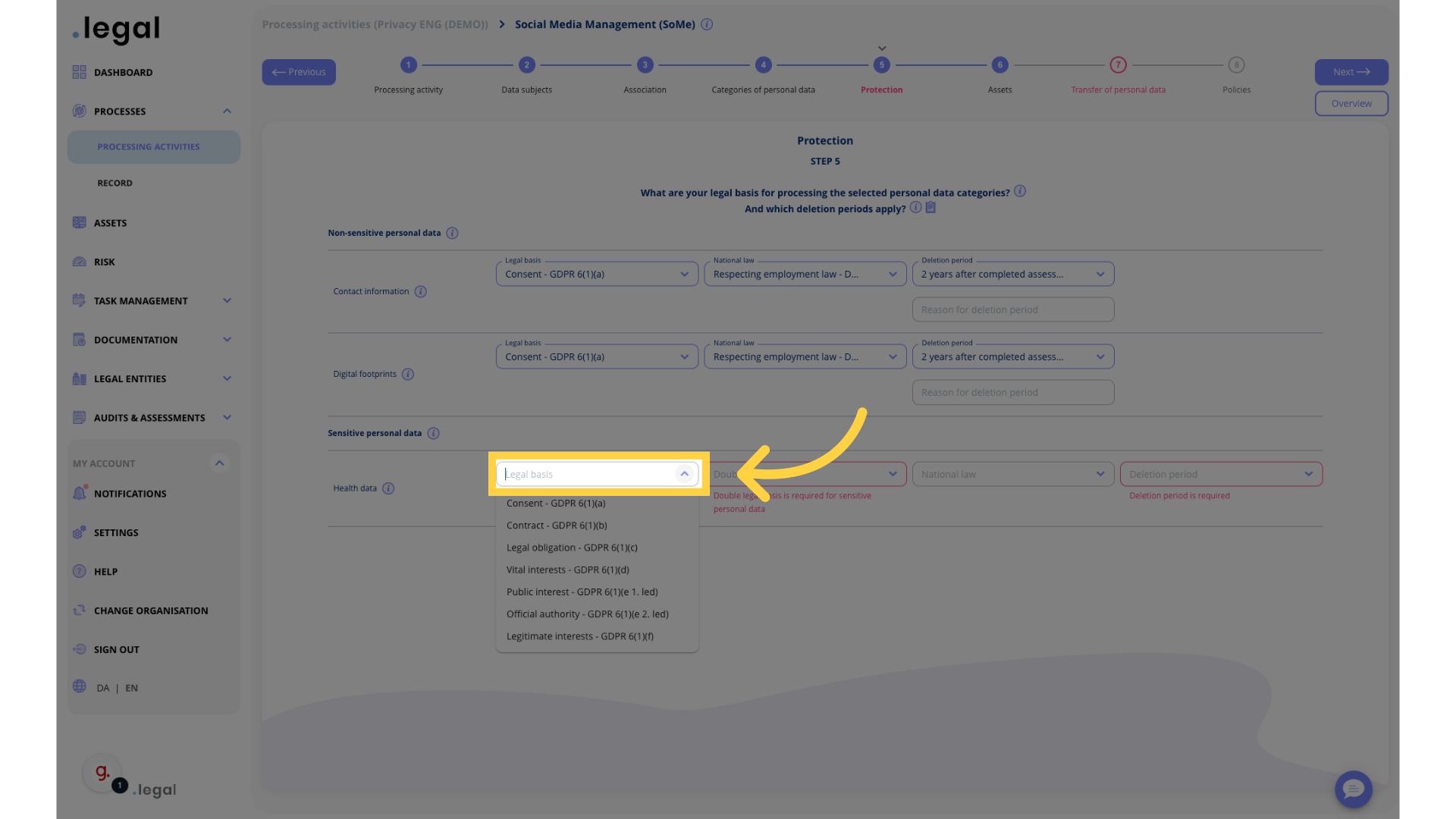 Select legal basis