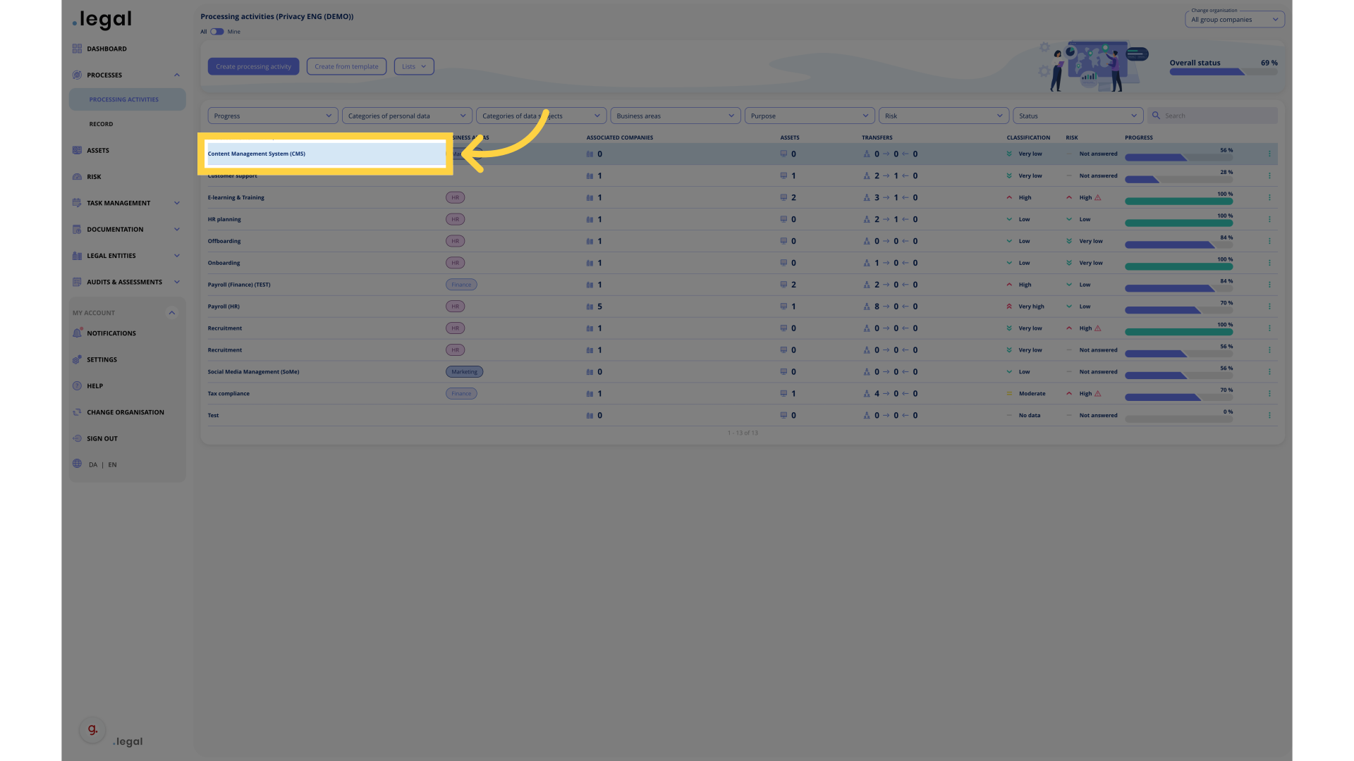 Select the processing activity you want to edit.