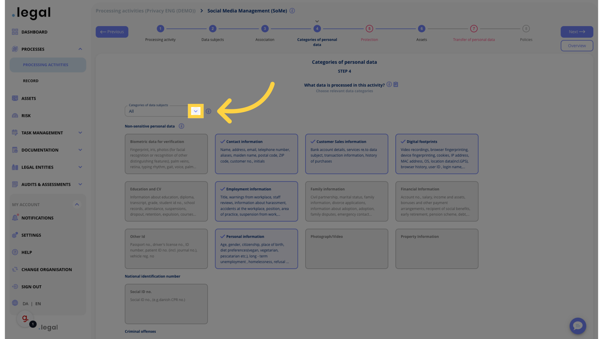 If you have multiple categories of registered, click to differentiate personal data subjects