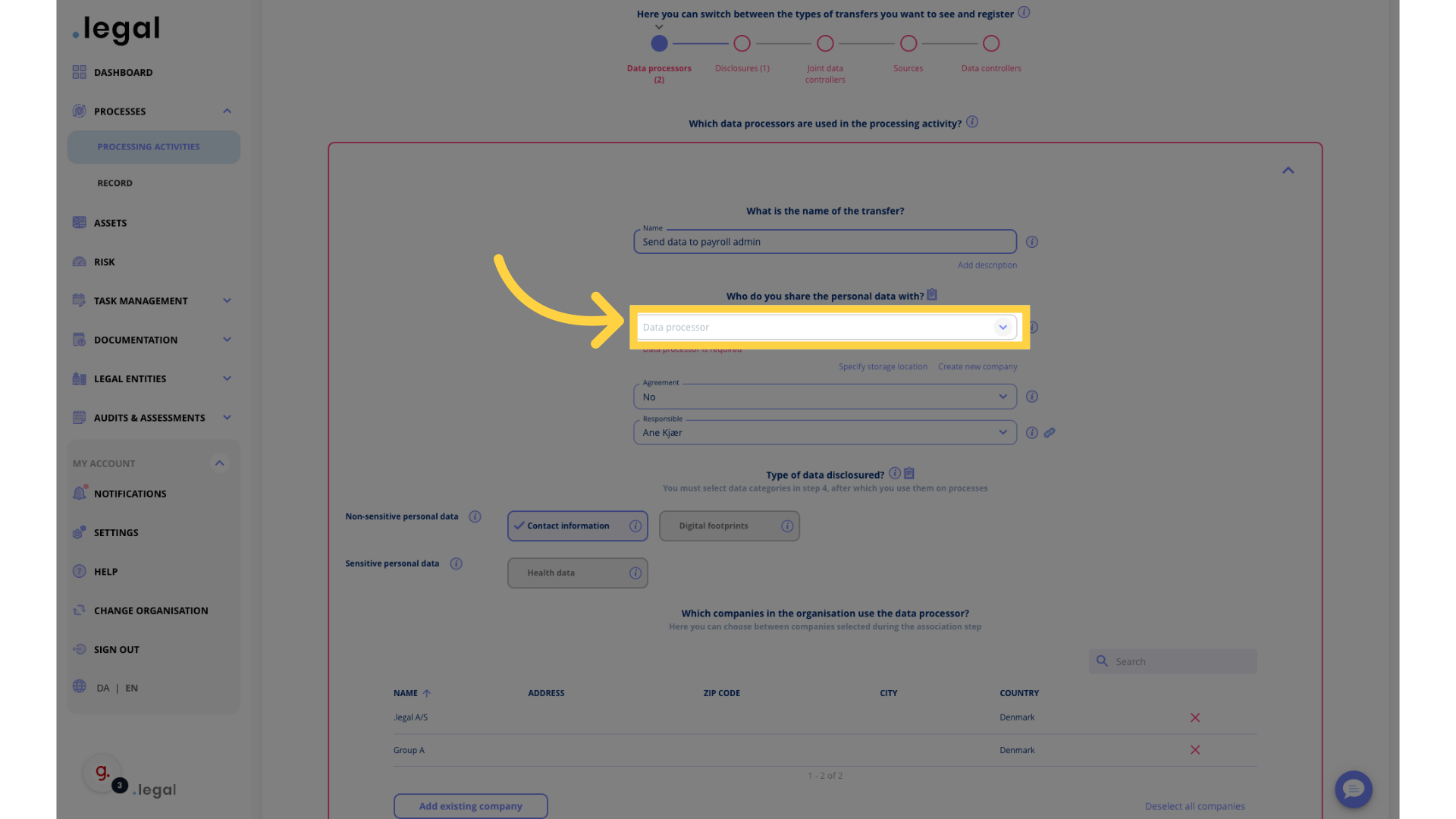 Select the data processor you are sharing the personal data with