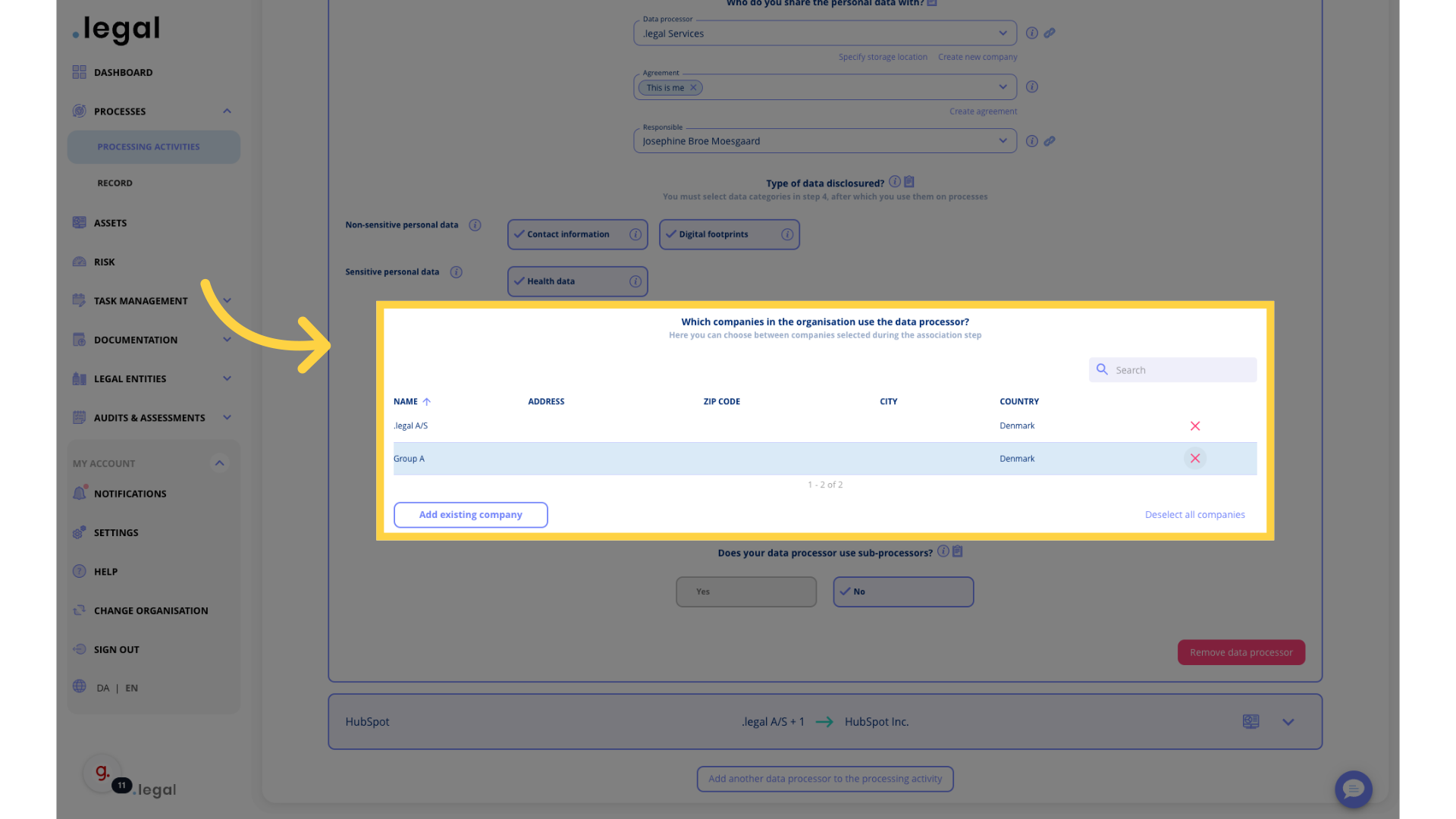 Add or remove companies using the data processor