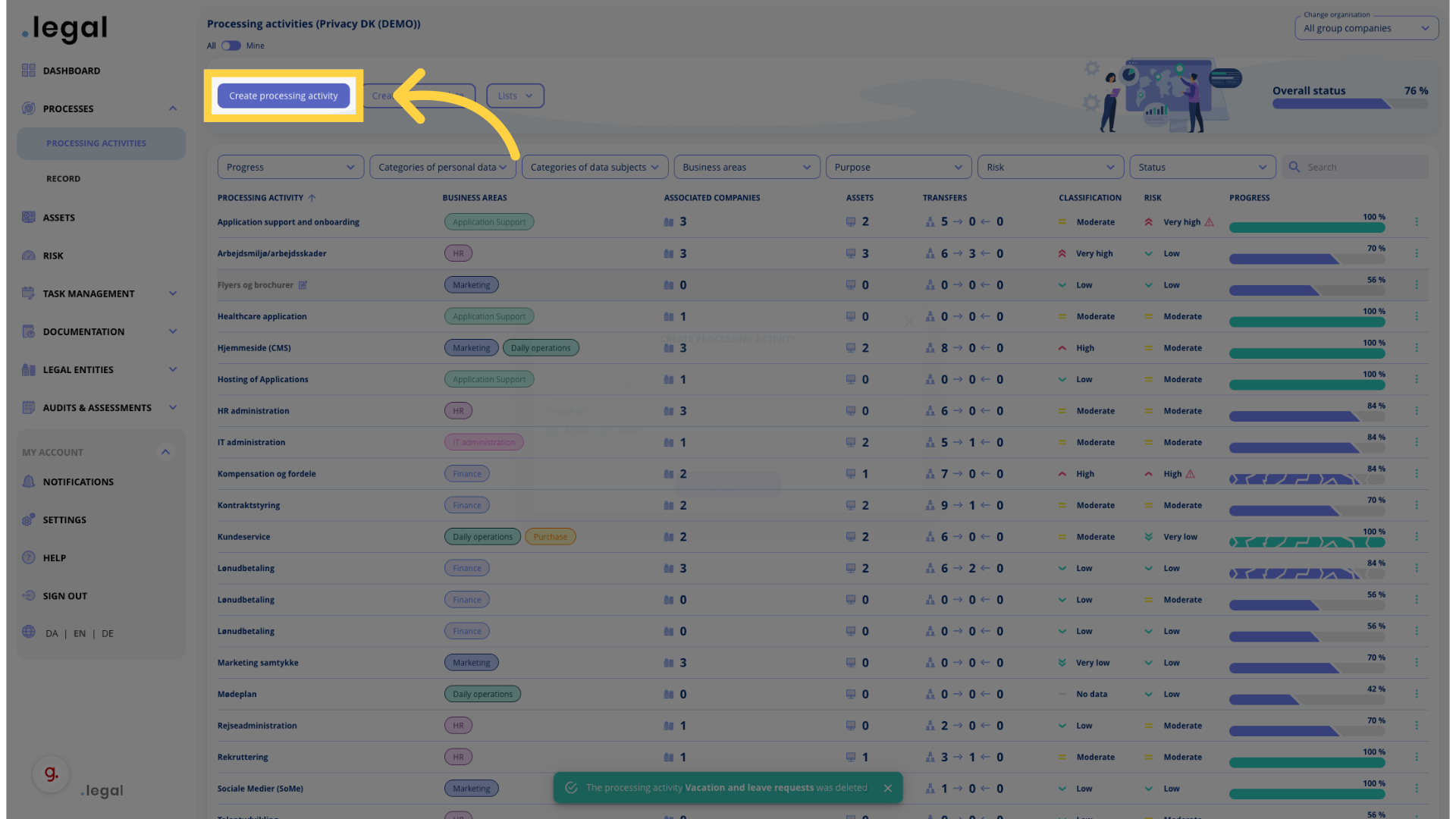 Click 'Create processing activity'