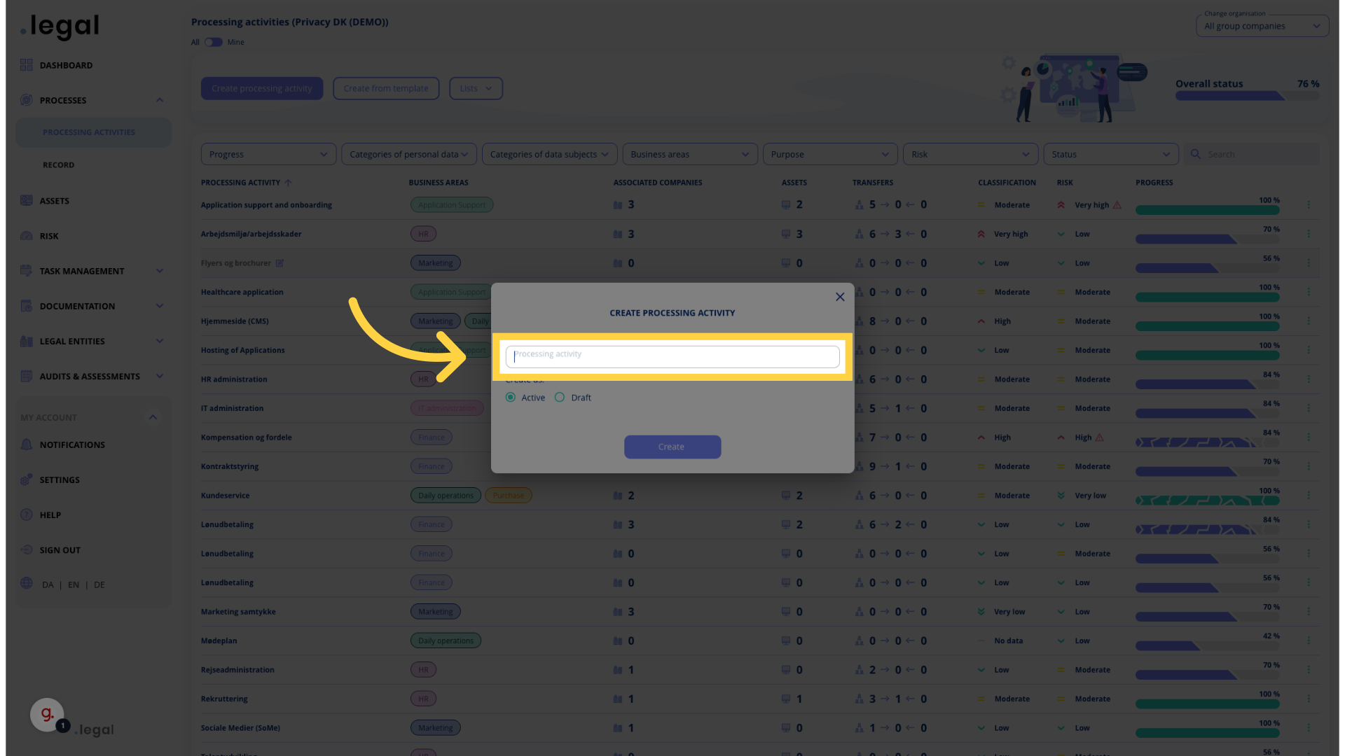 Click 'Processing activity'