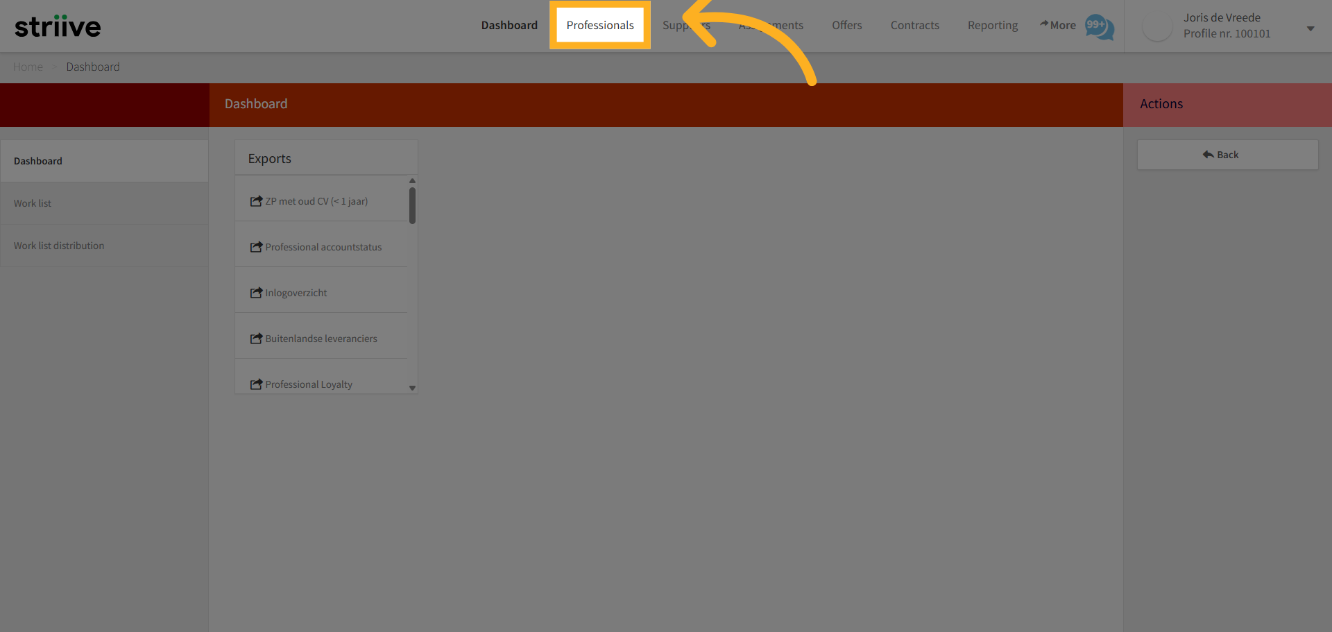 Navigate to Professionals Table