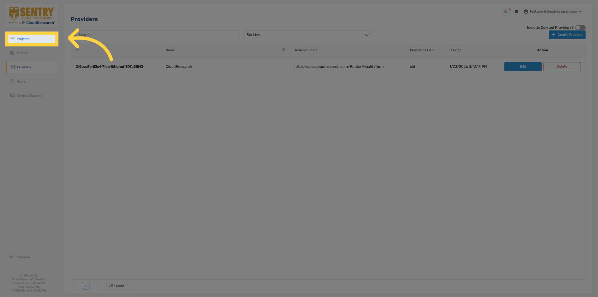 Navigate to Projects Tab