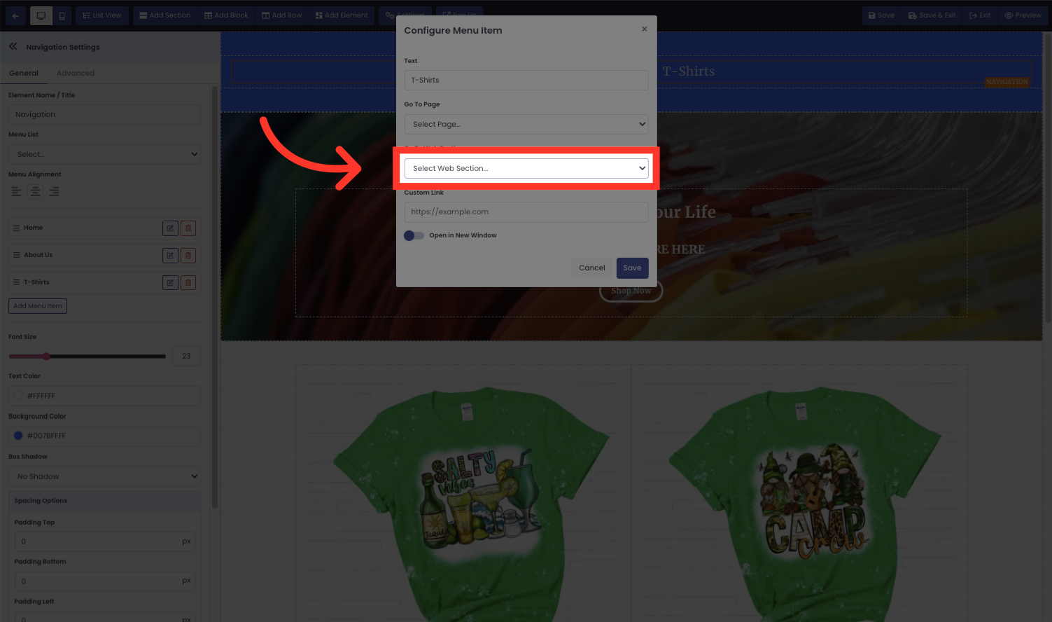 Go to the sections drop down and choose which section you want the menu to go to. (This is a lot easier if you have named each section prior)