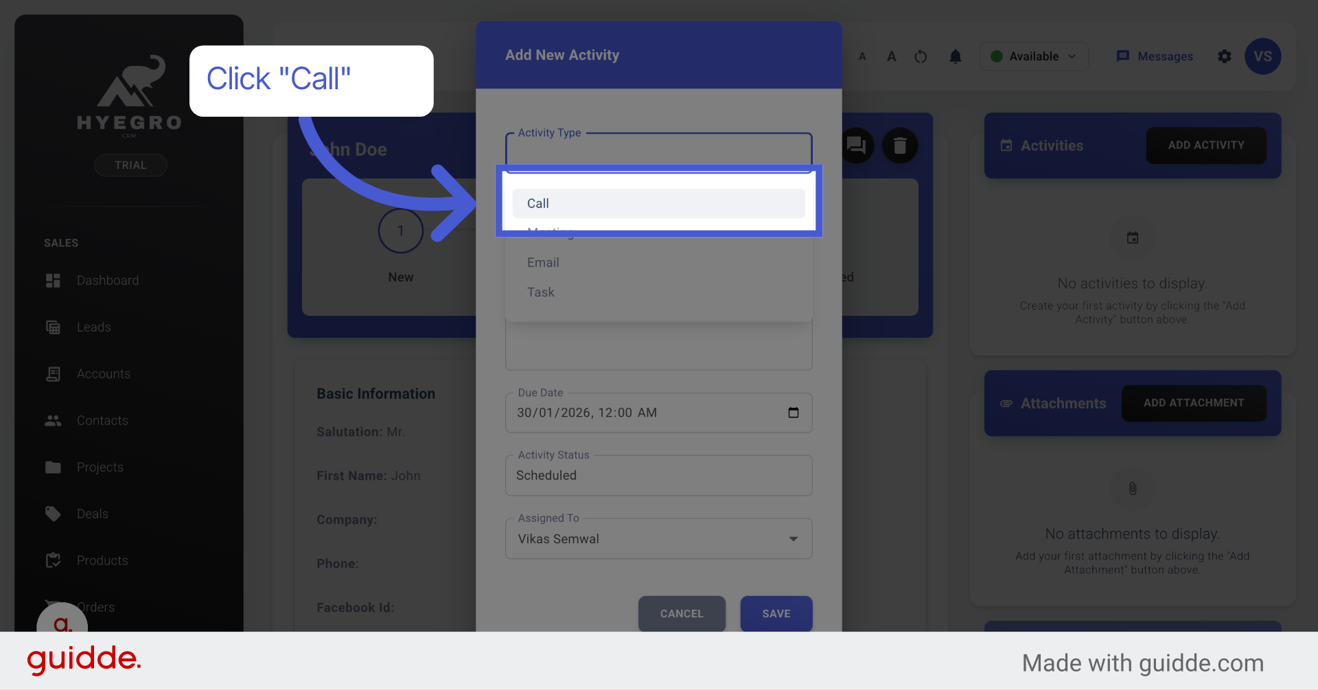 Choose Call Activity Type
