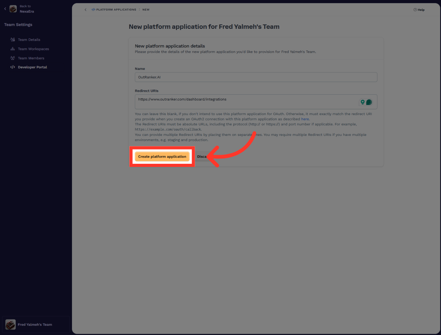 Create Platform Application