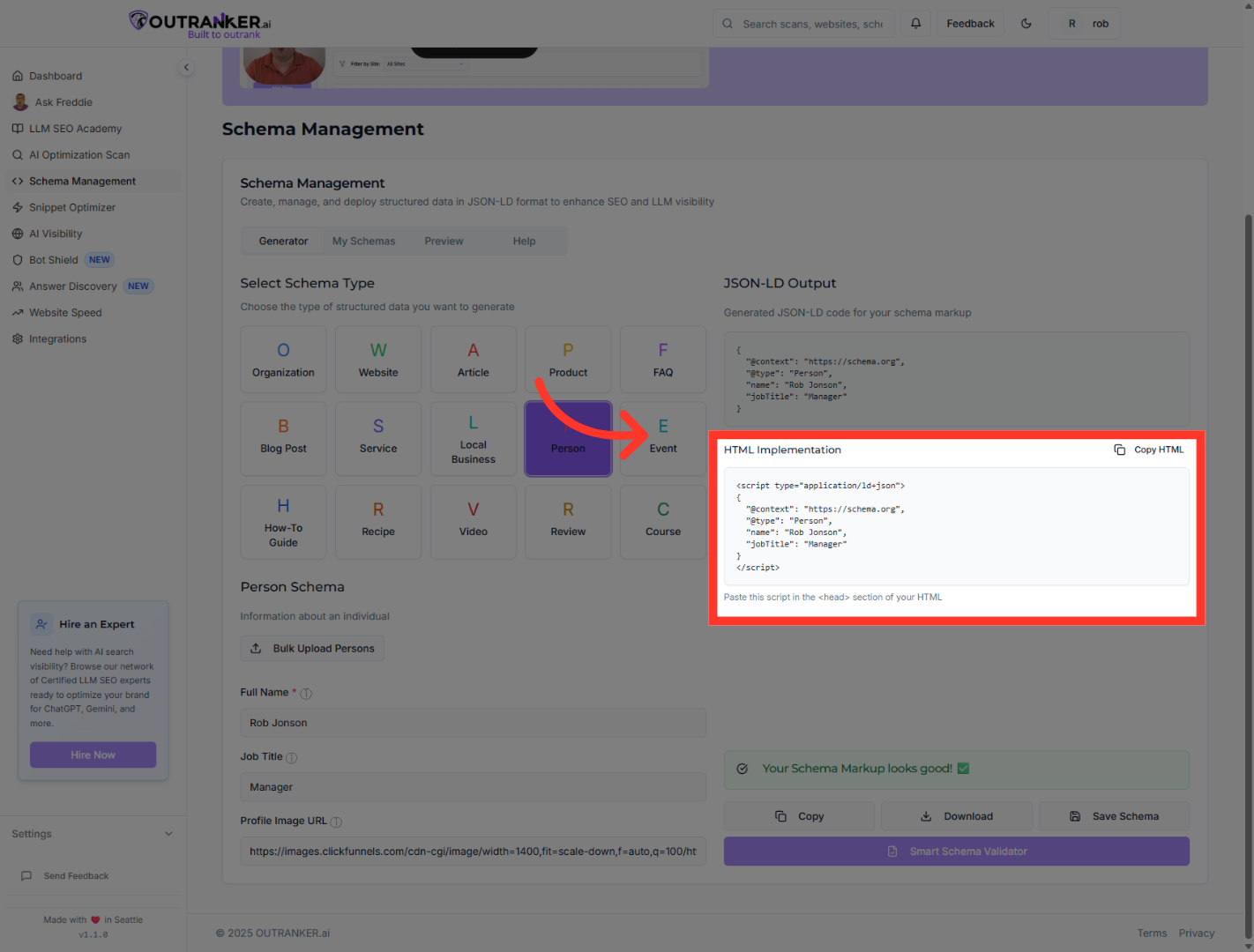Click 'HTML ImplementationCopy HTML'