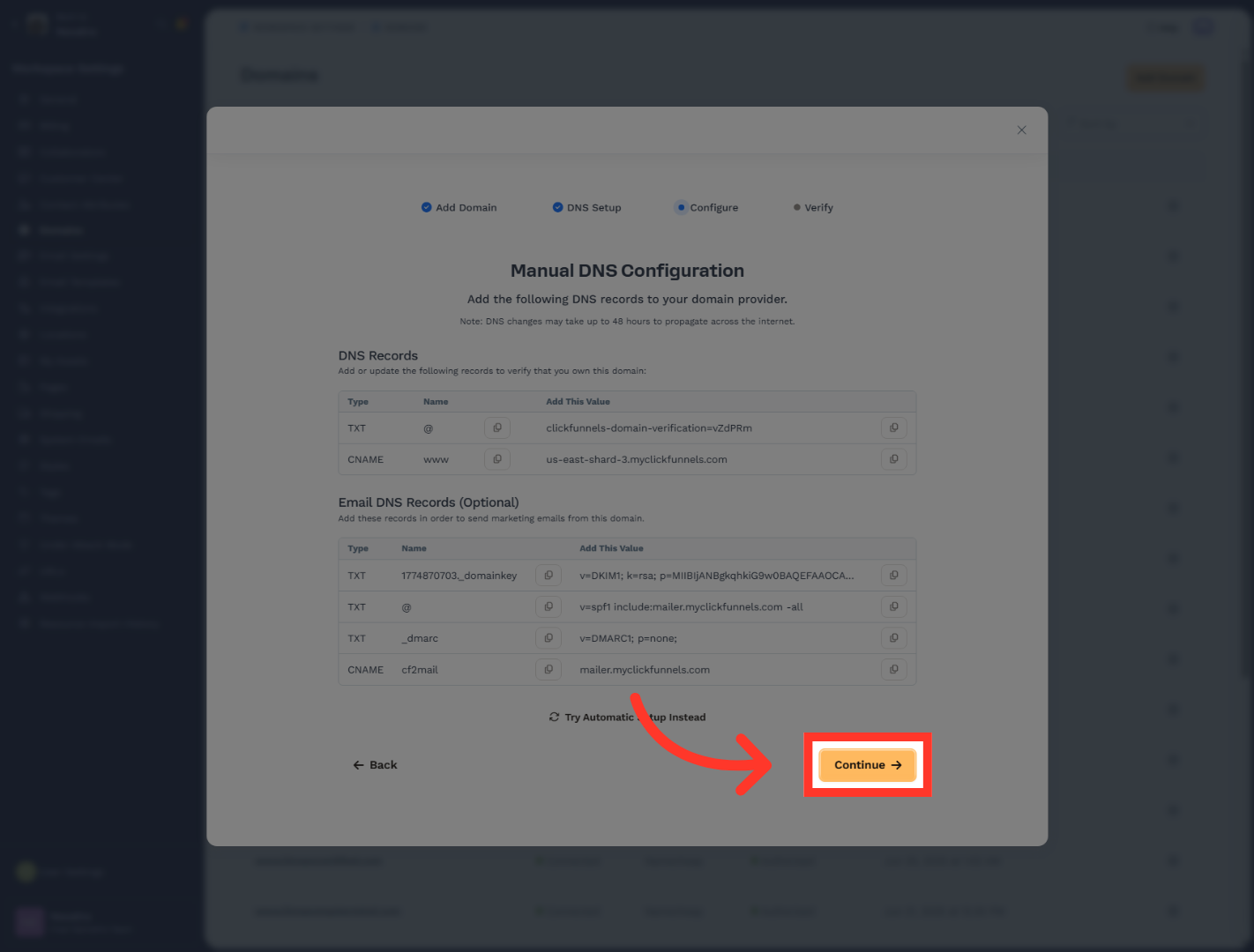 Continue Domain Setup