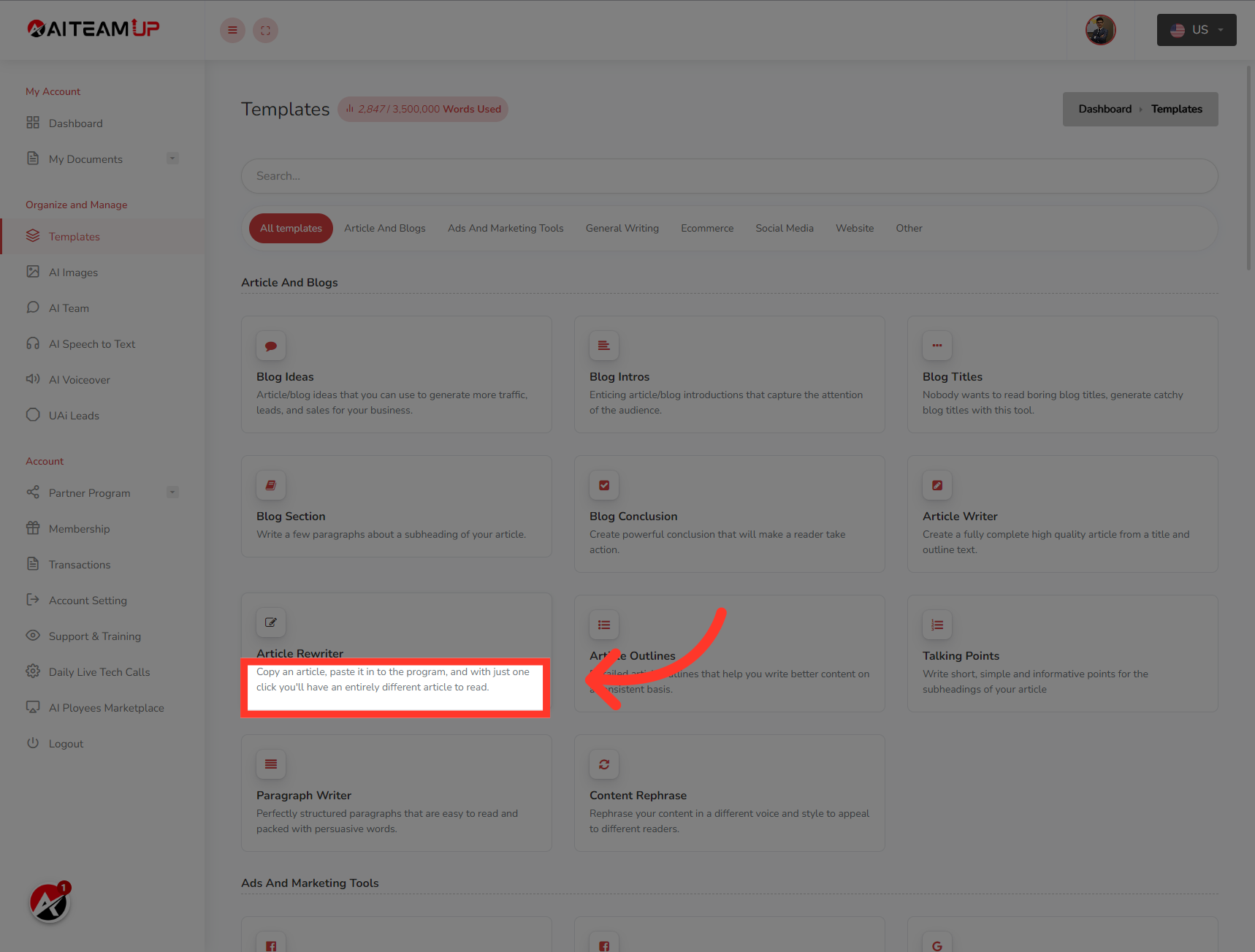 Navigate to 'Article Re-Writer.' template and open it.