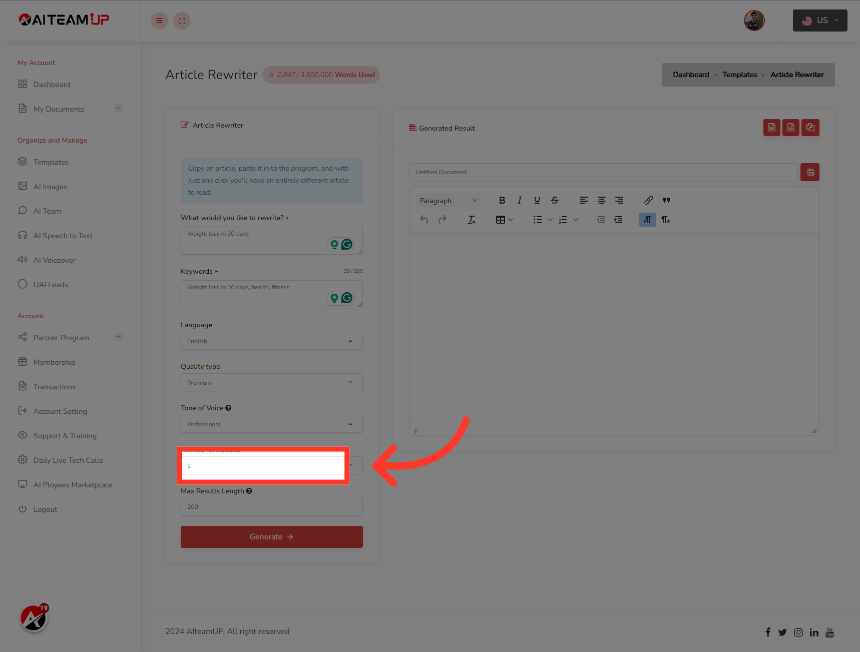 Select the number of results and variations you would like to generate.