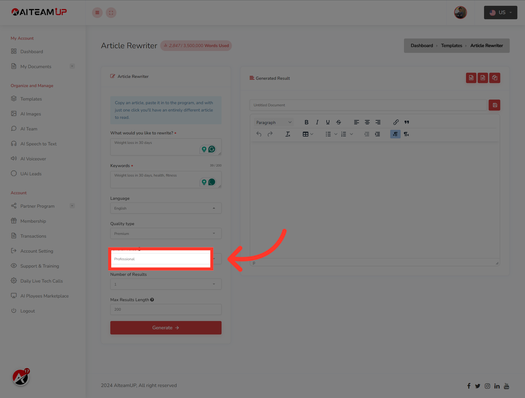 Select your preferred output tone of voice.