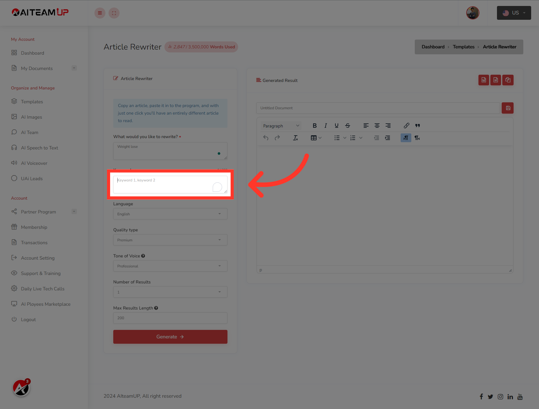 Enter the keywords that you want to include within the articles.