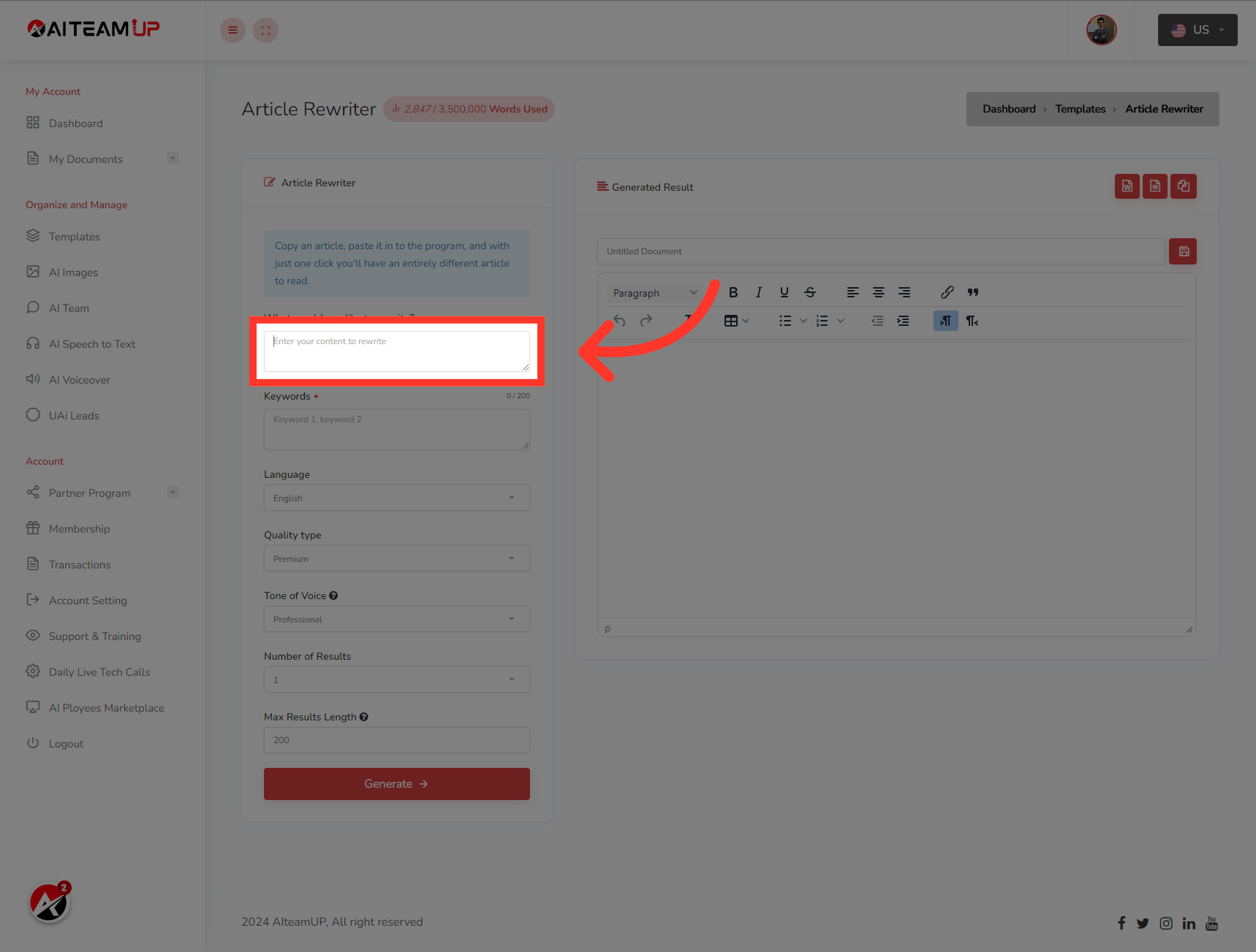 Enter your content on 'Enter your content to rewrite' field