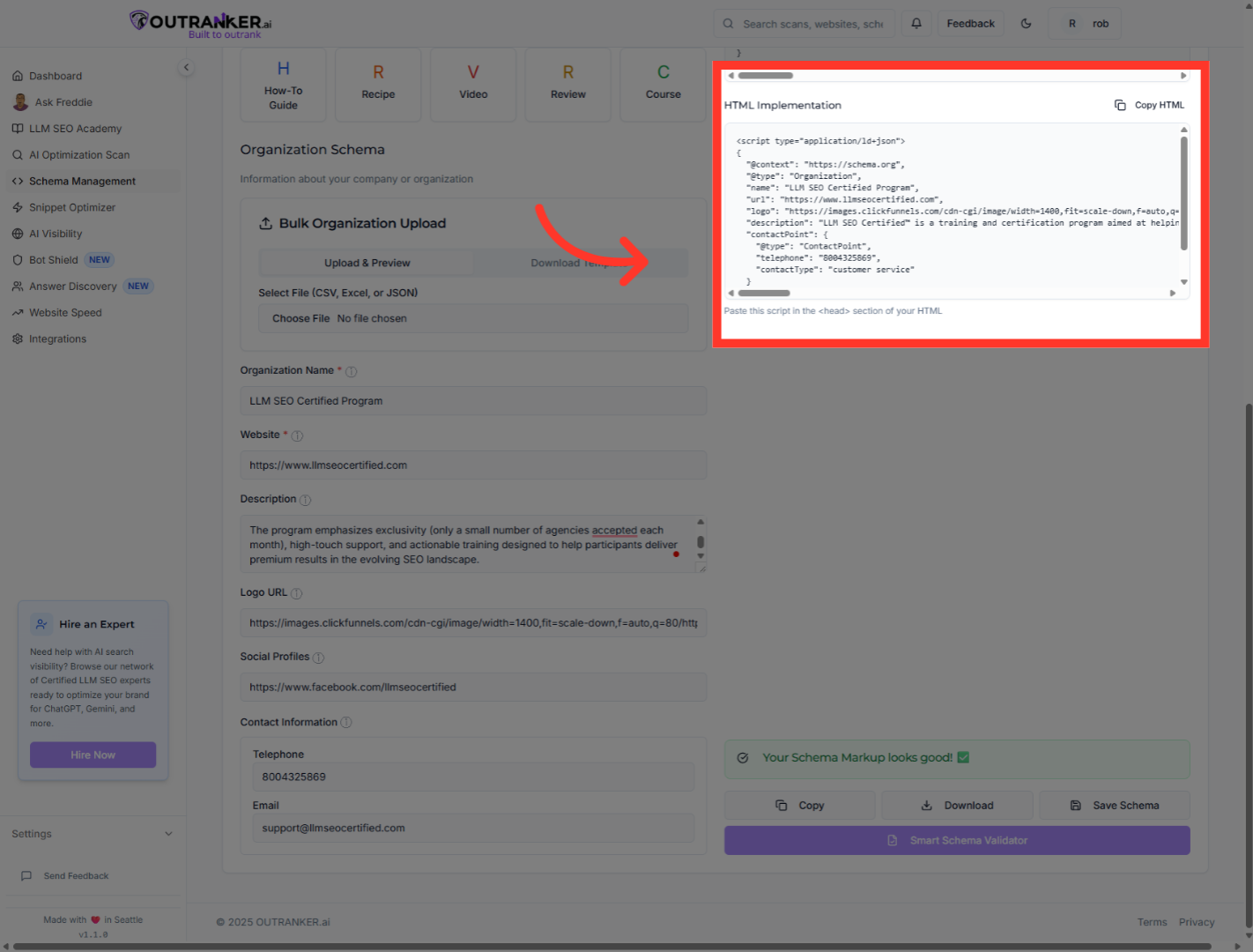 Click 'JSON-LD OutputGenerated JSON-LD code for your schema markup'