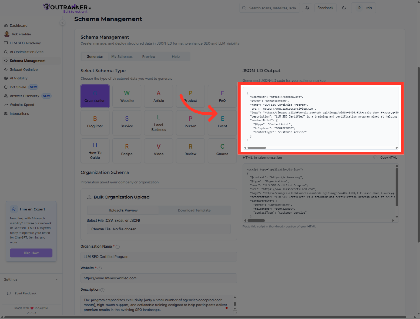 Click on 'HTML Implementation' to Copy Generated HTML Schema code.