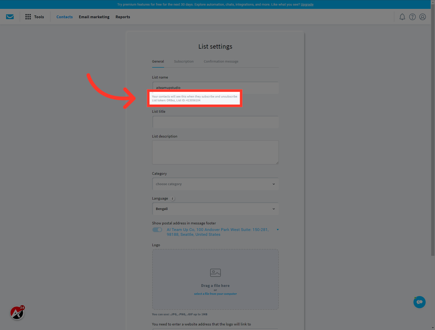 Click below the List name text. And copy the List ID from there.
