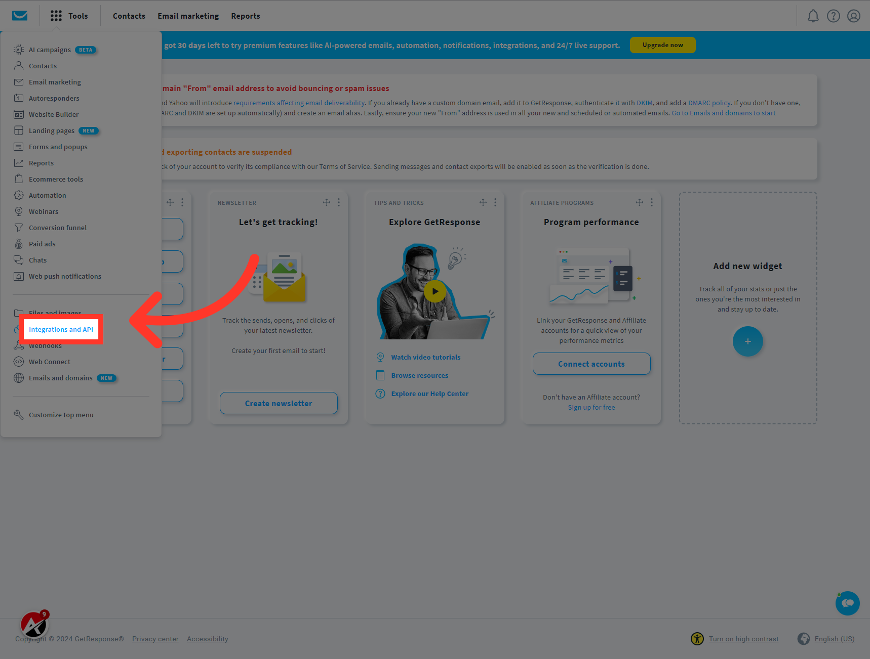 Click 'Integrations and API'